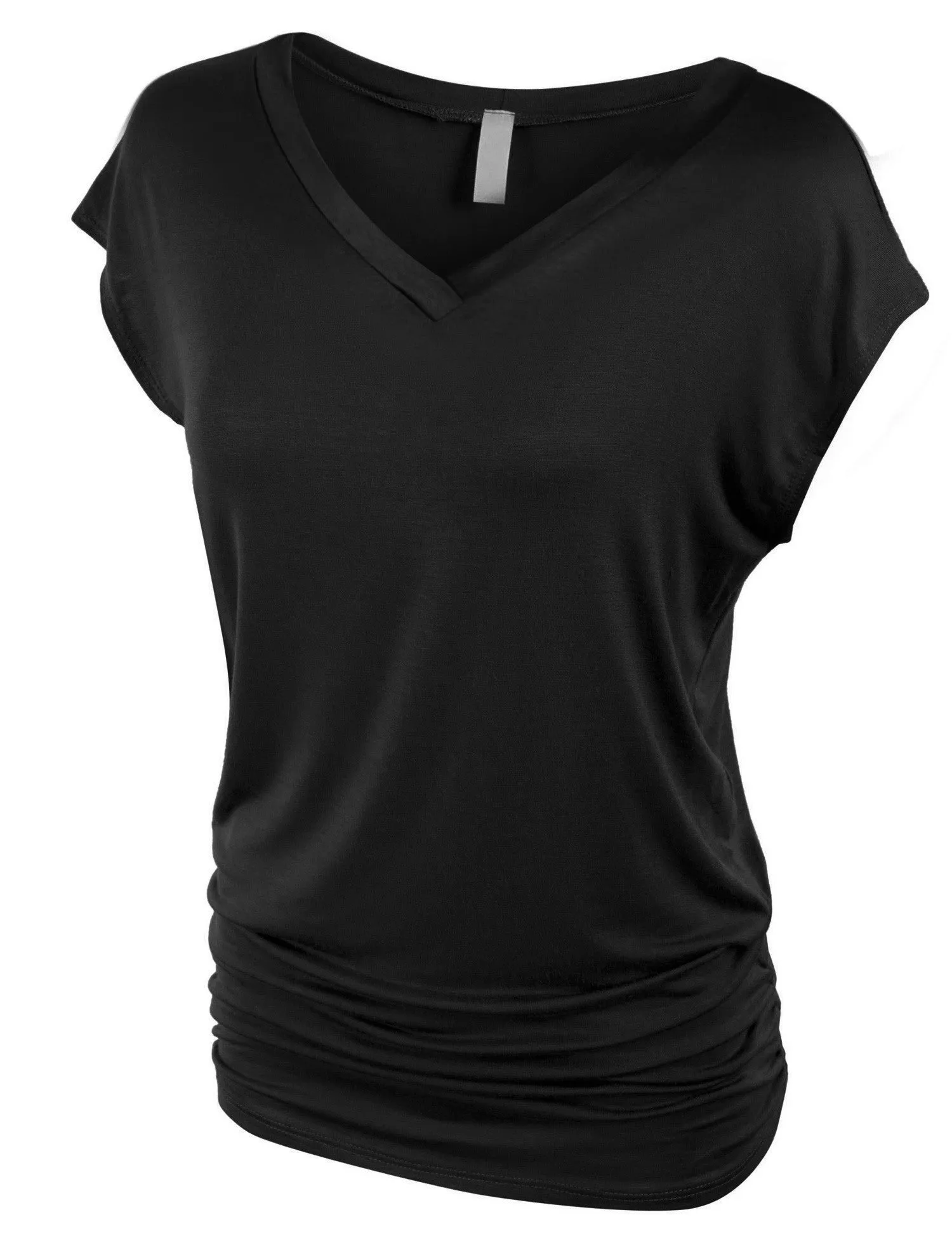 Short Sleeve Solid Basic Tunic Top Tee with Side Shirring V neck