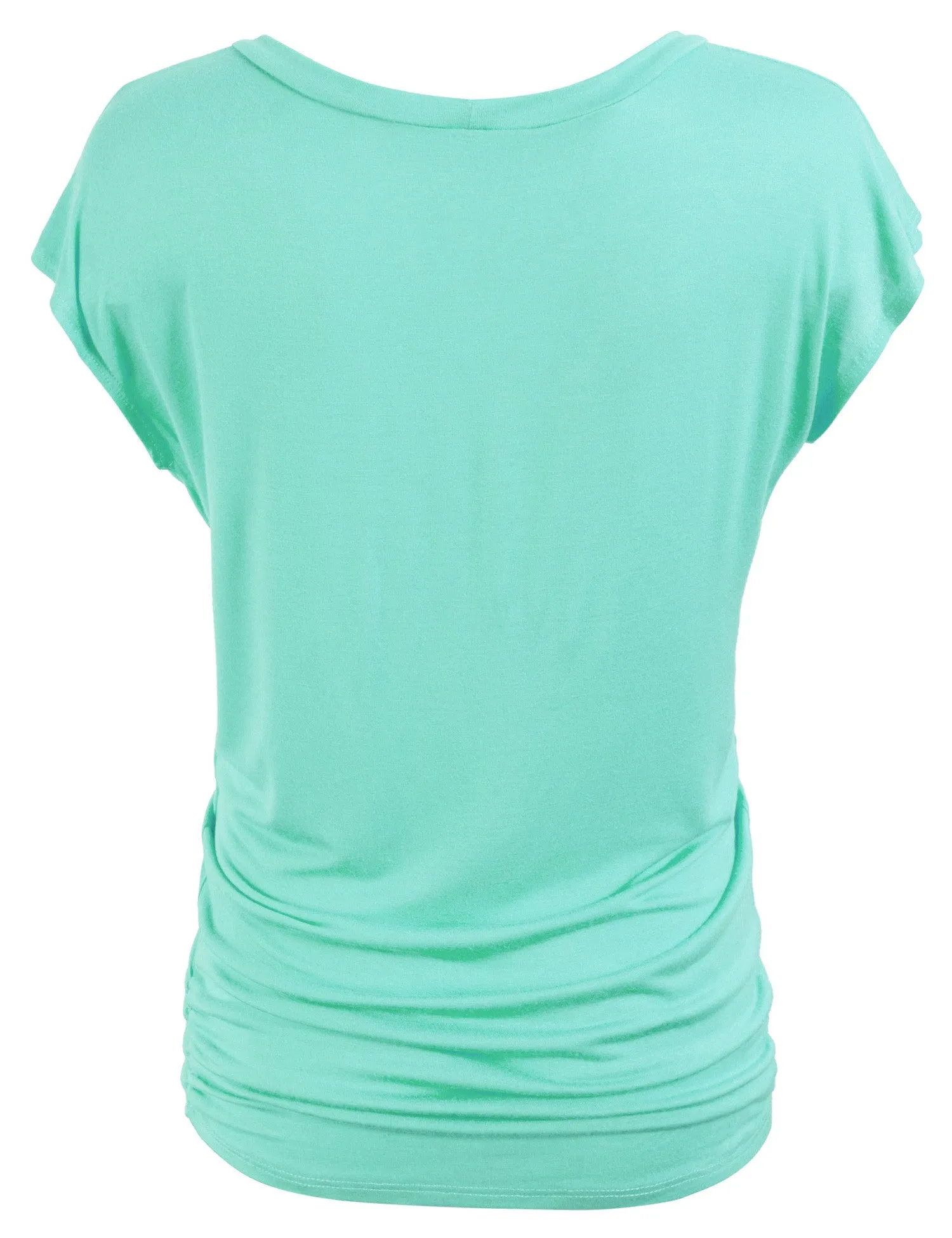 Short Sleeve Solid Basic Tunic Top Tee with Side Shirring V neck