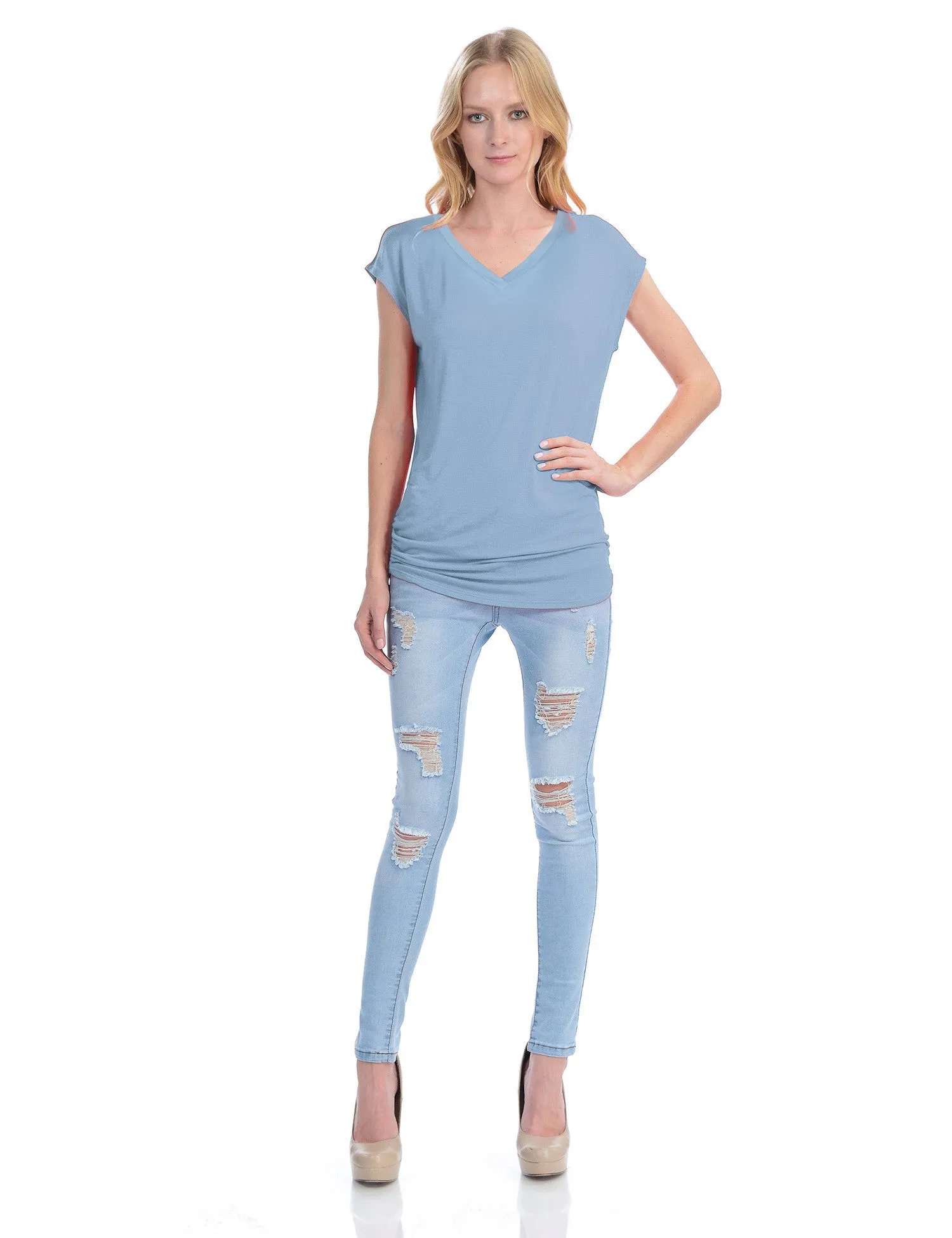 Short Sleeve Solid Basic Tunic Top Tee with Side Shirring V neck