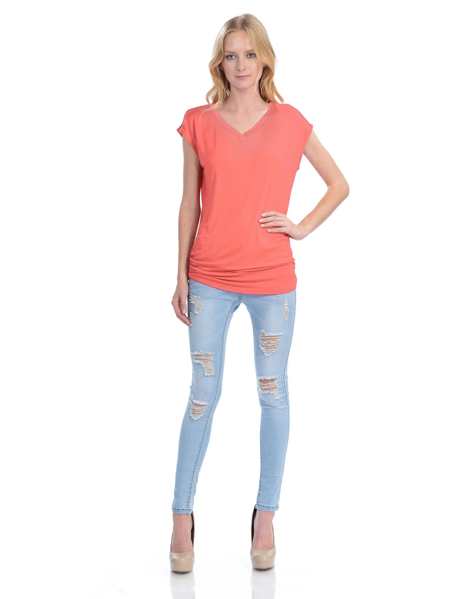 Short Sleeve Solid Basic Tunic Top Tee with Side Shirring V neck