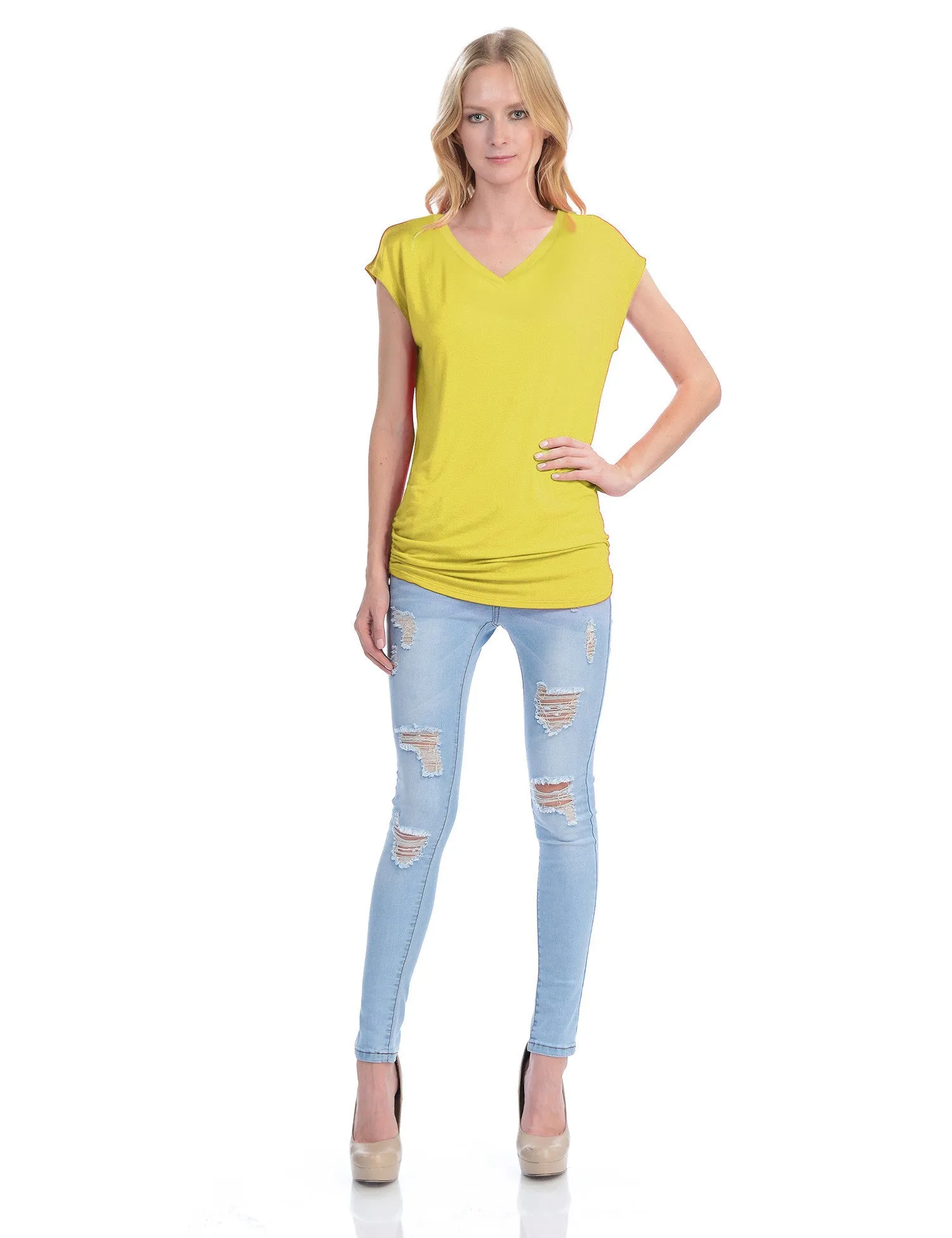 Short Sleeve Solid Basic Tunic Top Tee with Side Shirring V neck