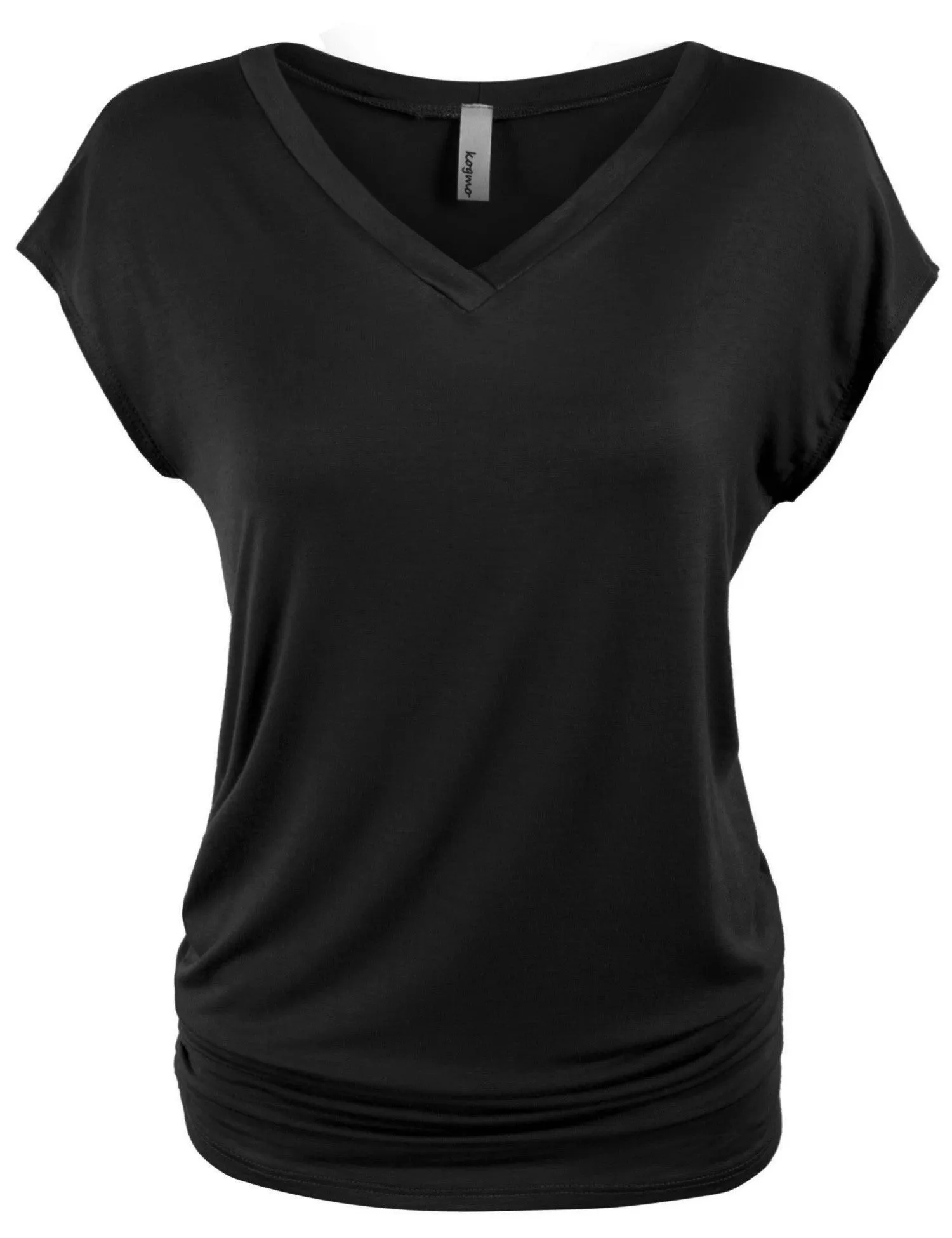 Short Sleeve Solid Basic Tunic Top Tee with Side Shirring V neck