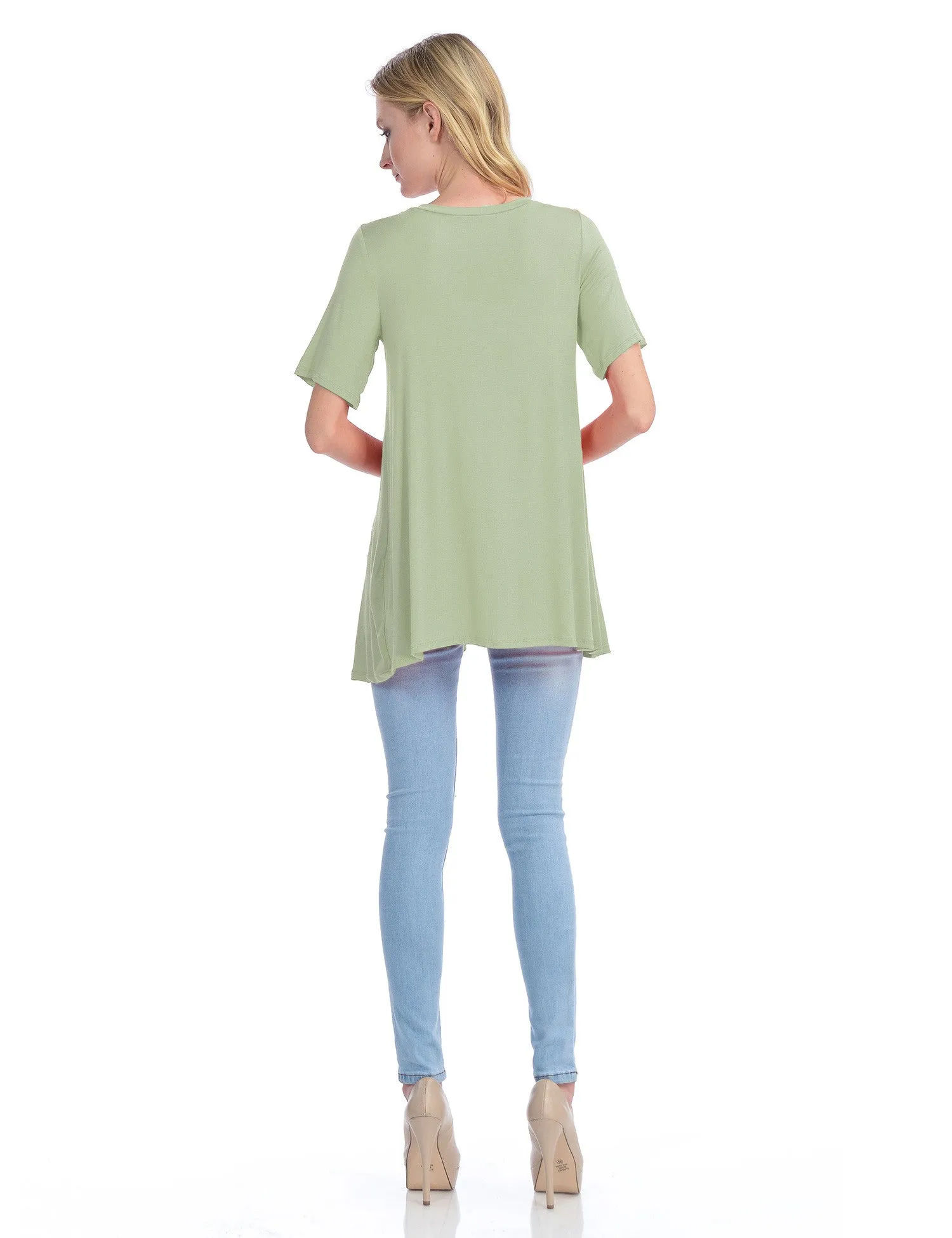 Short Sleeve V Neck Loose Fit Basic Knit Tunic Top