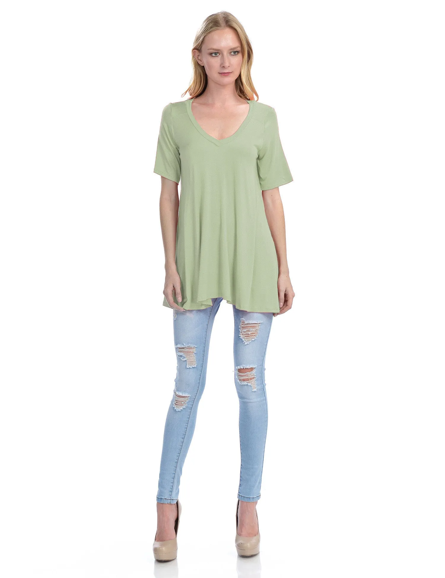 Short Sleeve V Neck Loose Fit Basic Knit Tunic Top