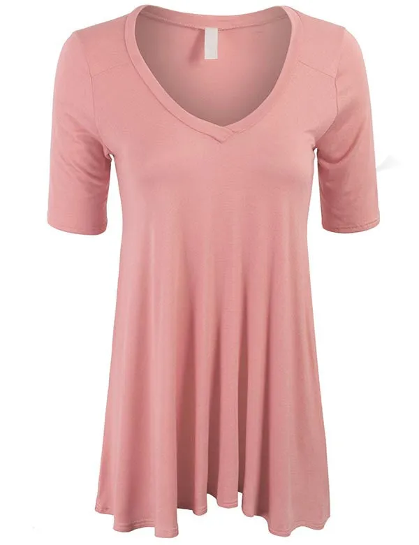 Short Sleeve V Neck Loose Fit Basic Knit Tunic Top