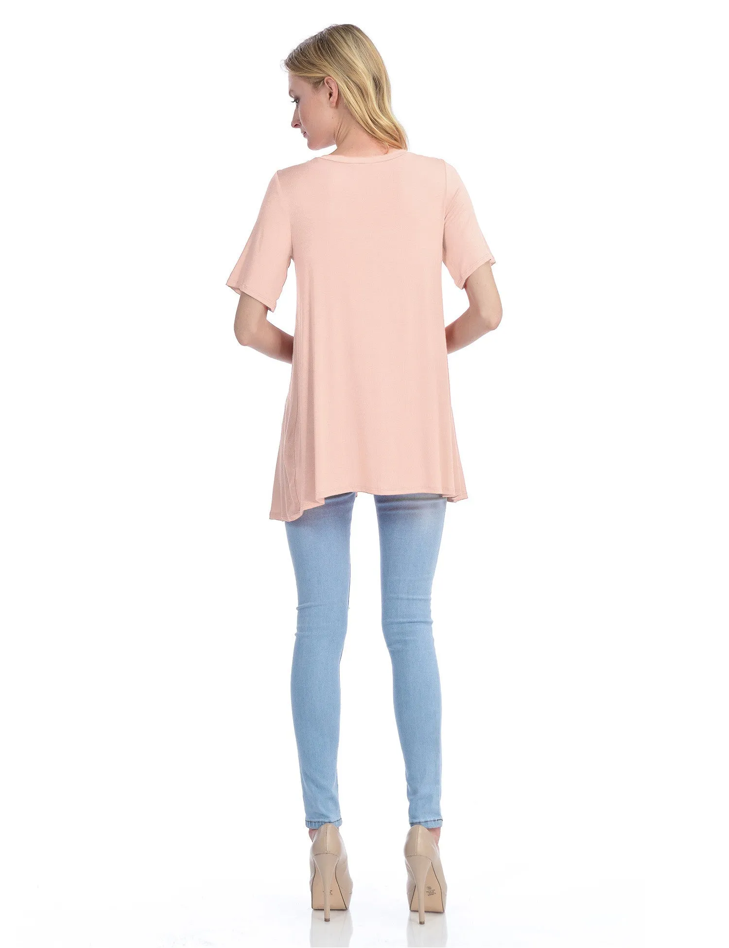 Short Sleeve V Neck Loose Fit Basic Knit Tunic Top