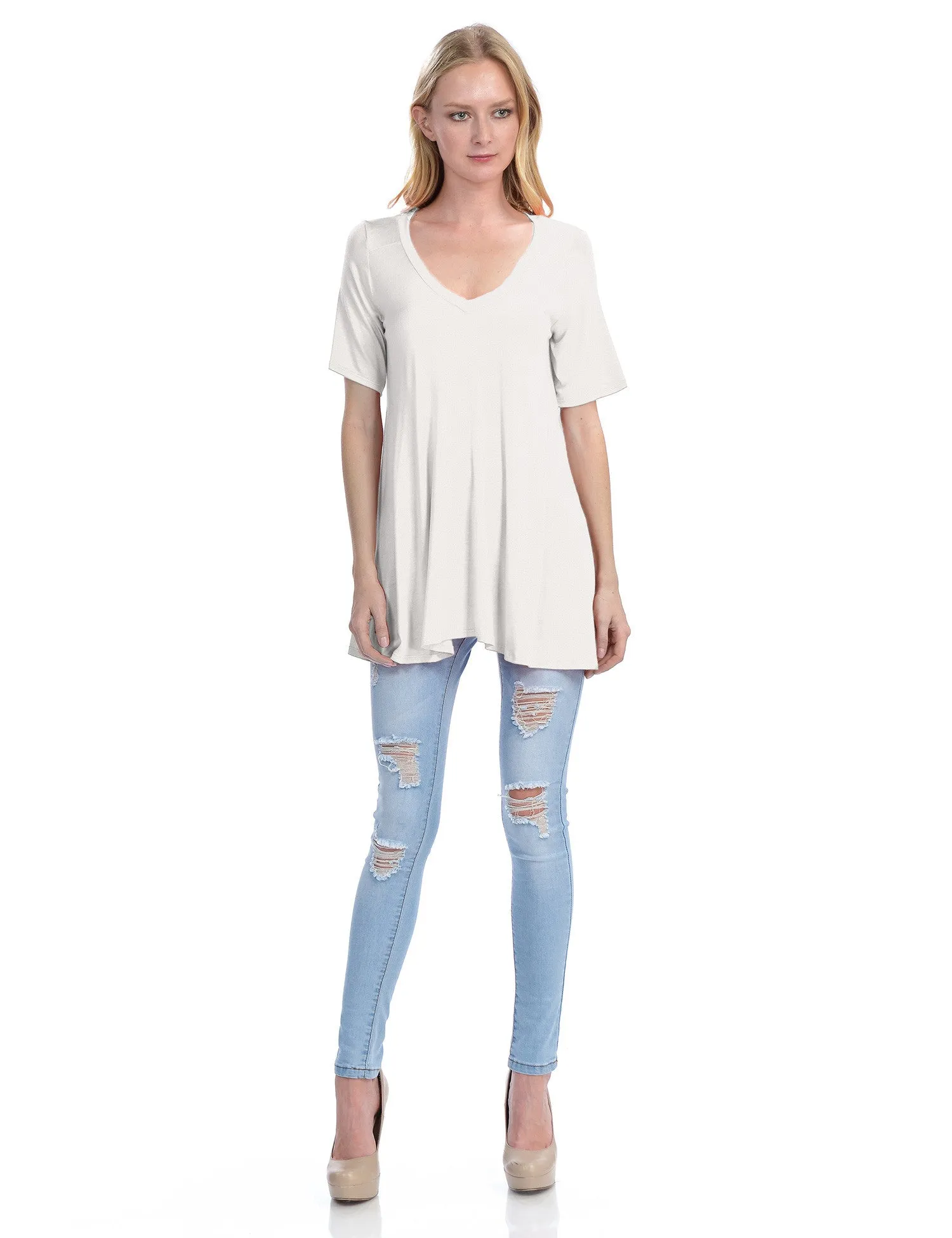 Short Sleeve V Neck Loose Fit Basic Knit Tunic Top