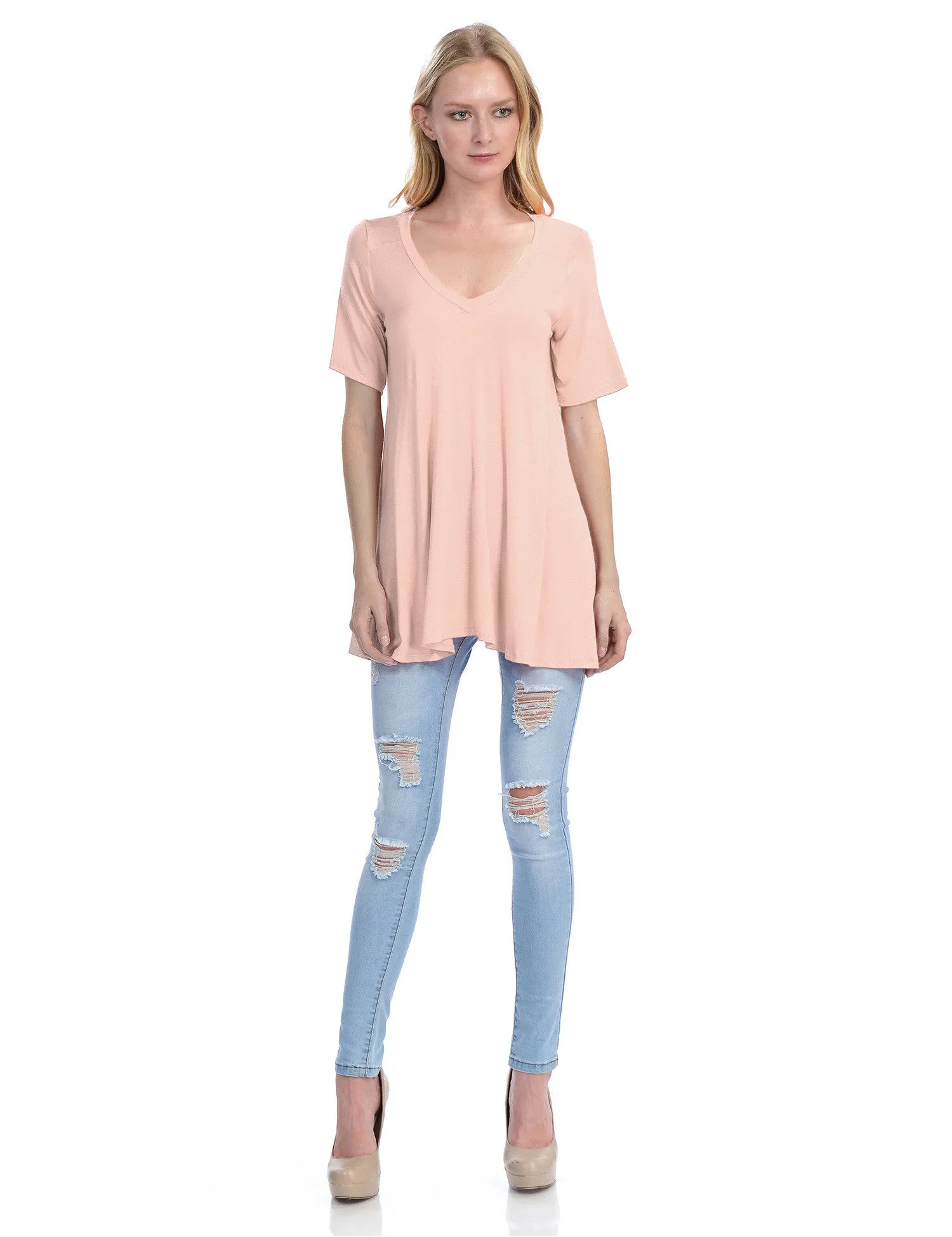 Short Sleeve V Neck Loose Fit Basic Knit Tunic Top