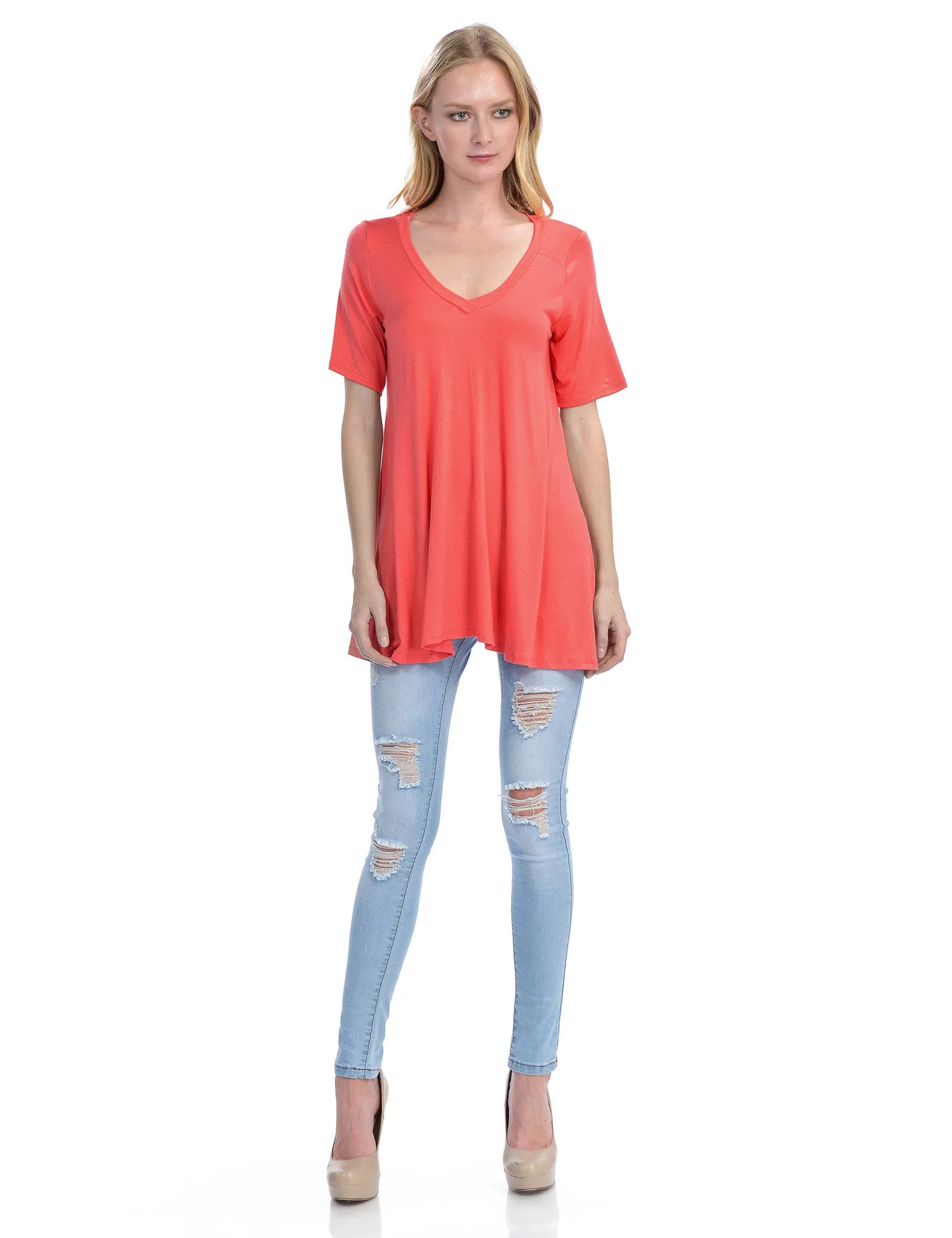 Short Sleeve V Neck Loose Fit Basic Knit Tunic Top