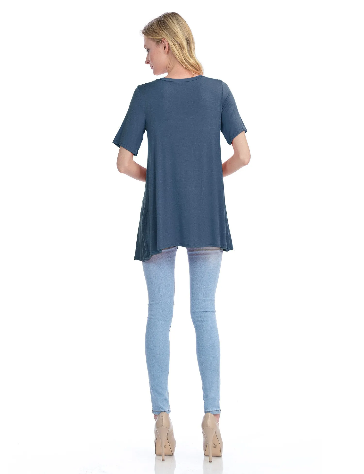 Short Sleeve V Neck Loose Fit Basic Knit Tunic Top