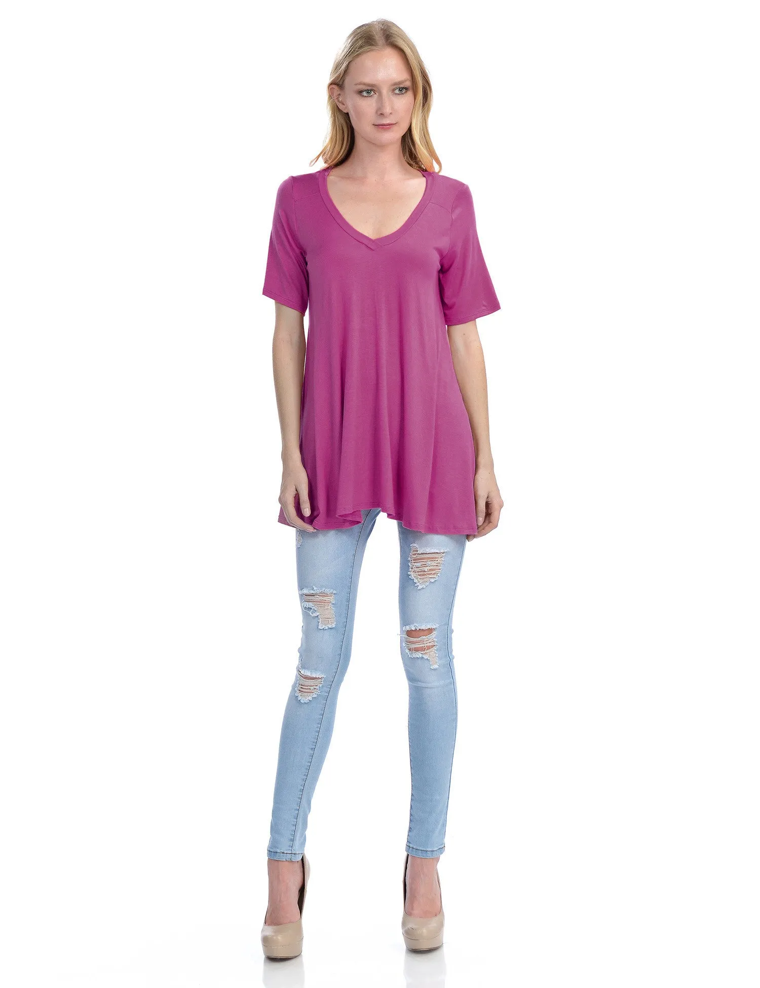 Short Sleeve V Neck Loose Fit Basic Knit Tunic Top