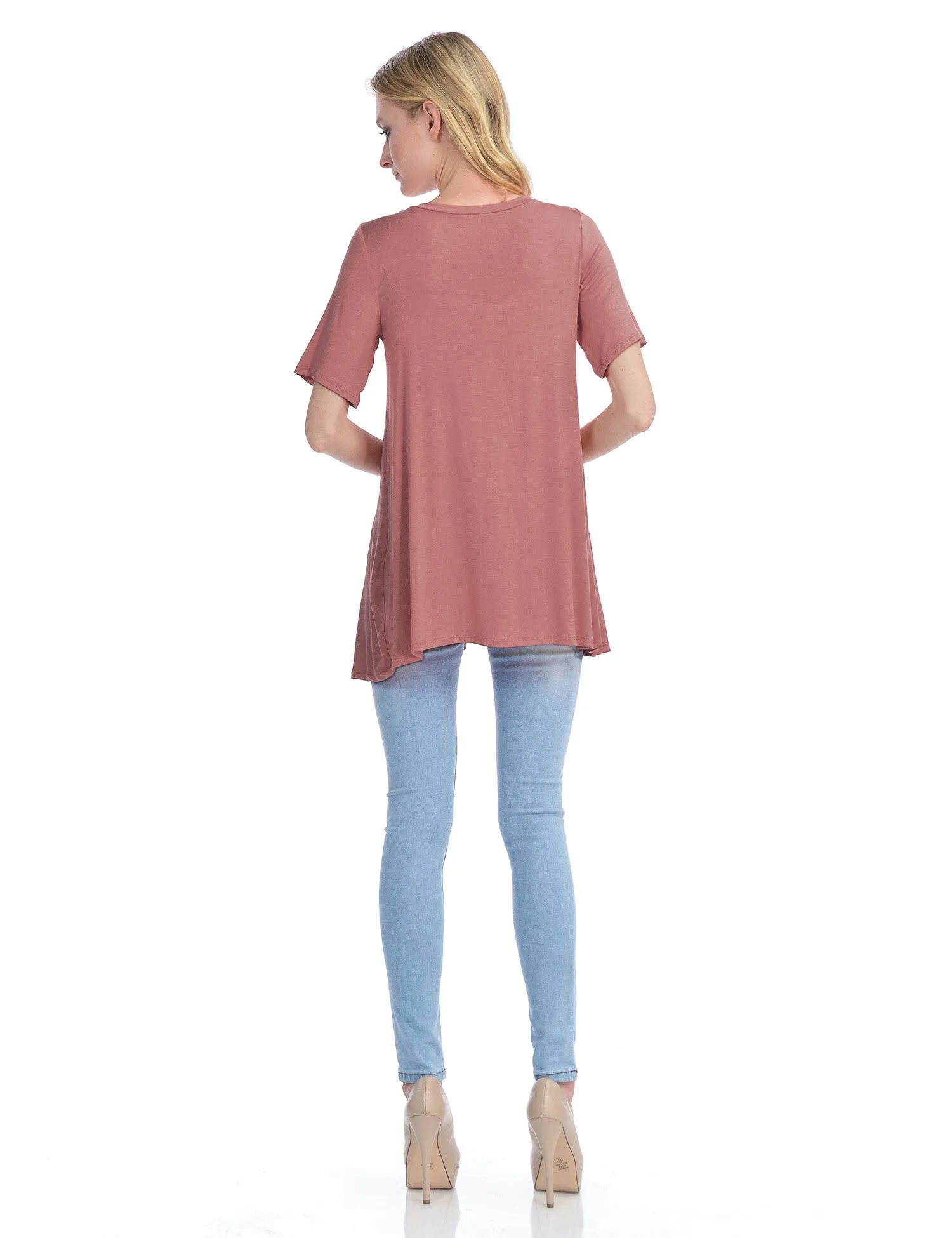 Short Sleeve V Neck Loose Fit Basic Knit Tunic Top