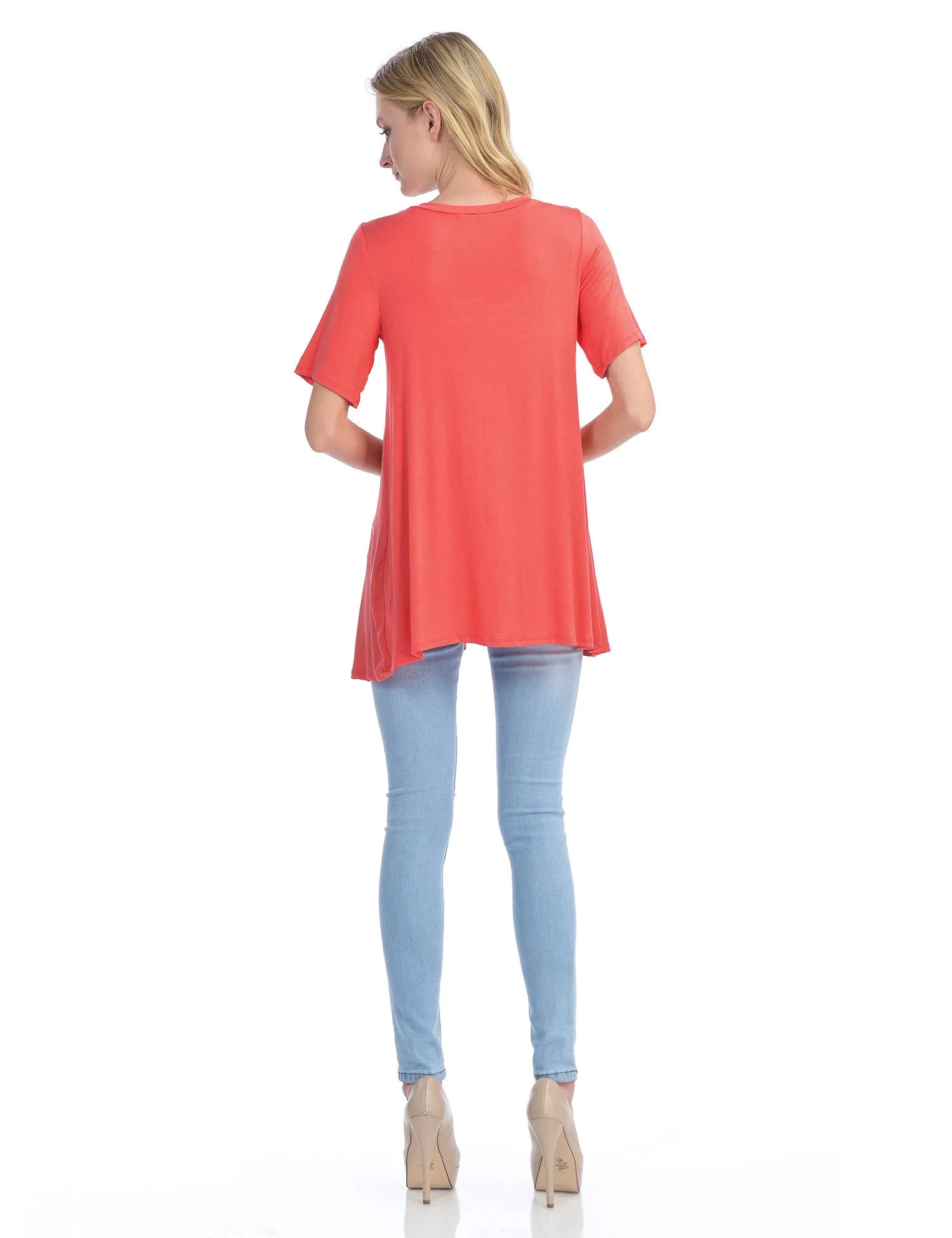 Short Sleeve V Neck Loose Fit Basic Knit Tunic Top