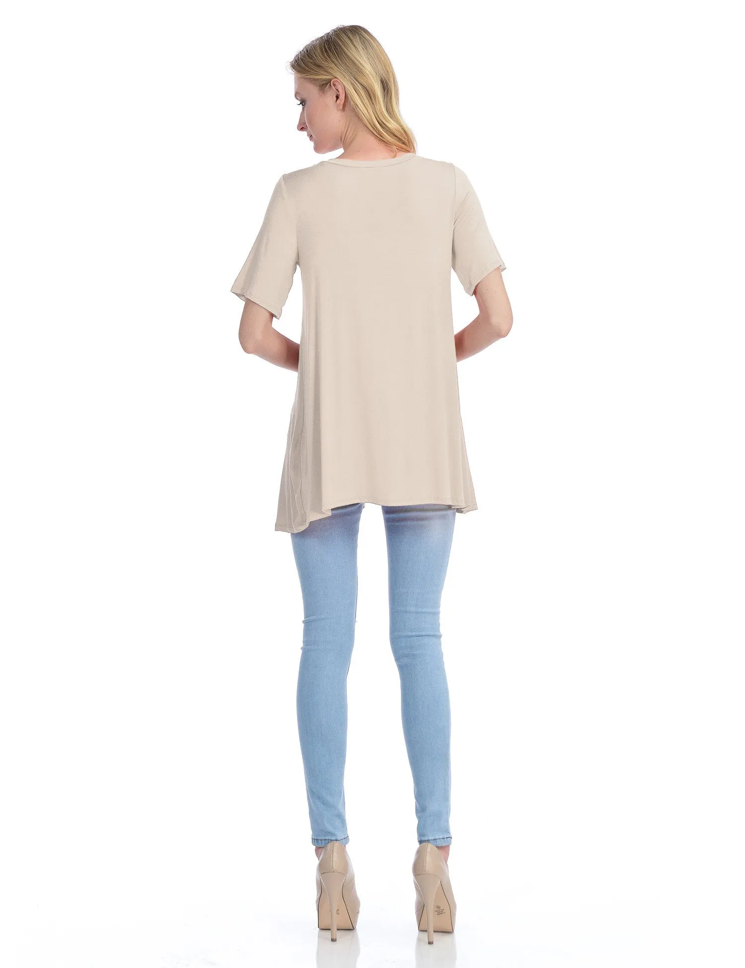 Short Sleeve V Neck Loose Fit Basic Knit Tunic Top