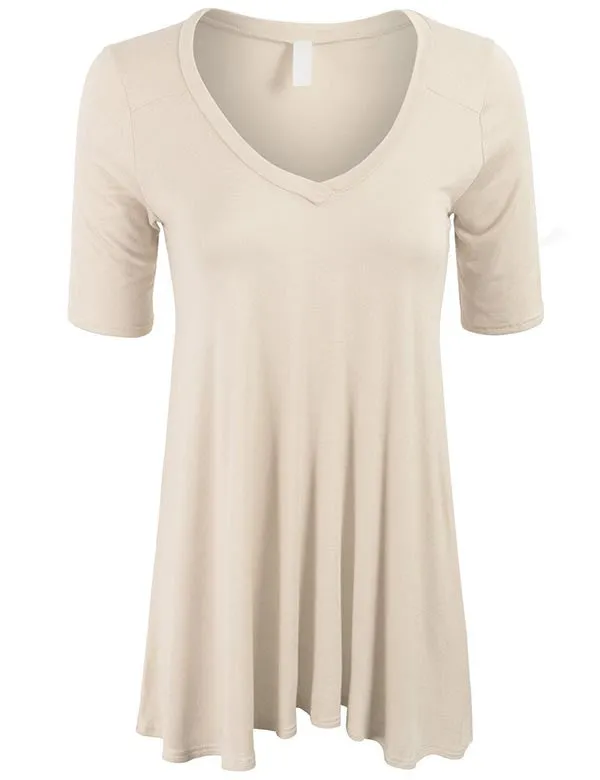 Short Sleeve V Neck Loose Fit Basic Knit Tunic Top