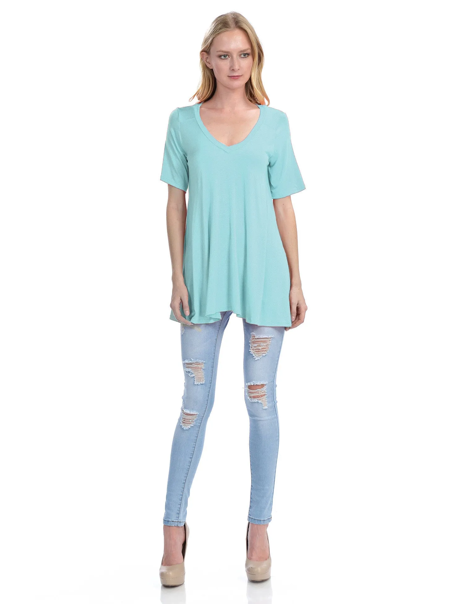 Short Sleeve V Neck Loose Fit Basic Knit Tunic Top