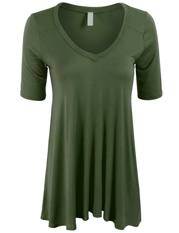 Short Sleeve V Neck Loose Fit Basic Knit Tunic Top