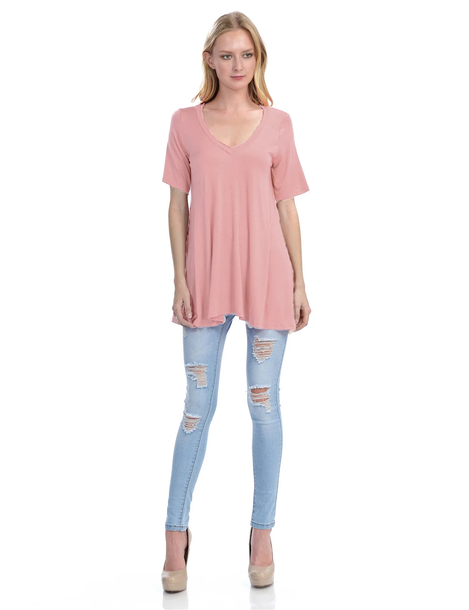 Short Sleeve V Neck Loose Fit Basic Knit Tunic Top