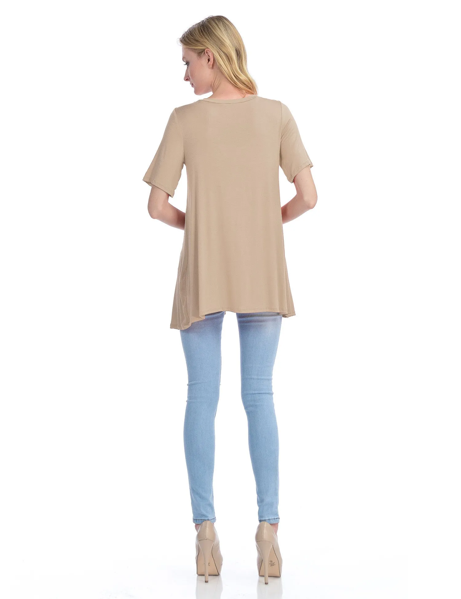 Short Sleeve V Neck Loose Fit Basic Knit Tunic Top