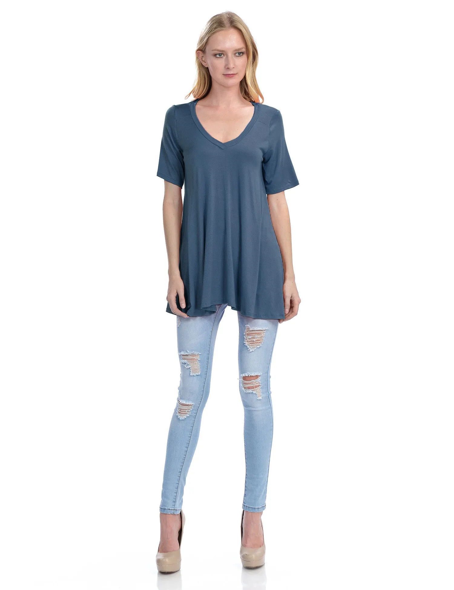 Short Sleeve V Neck Loose Fit Basic Knit Tunic Top