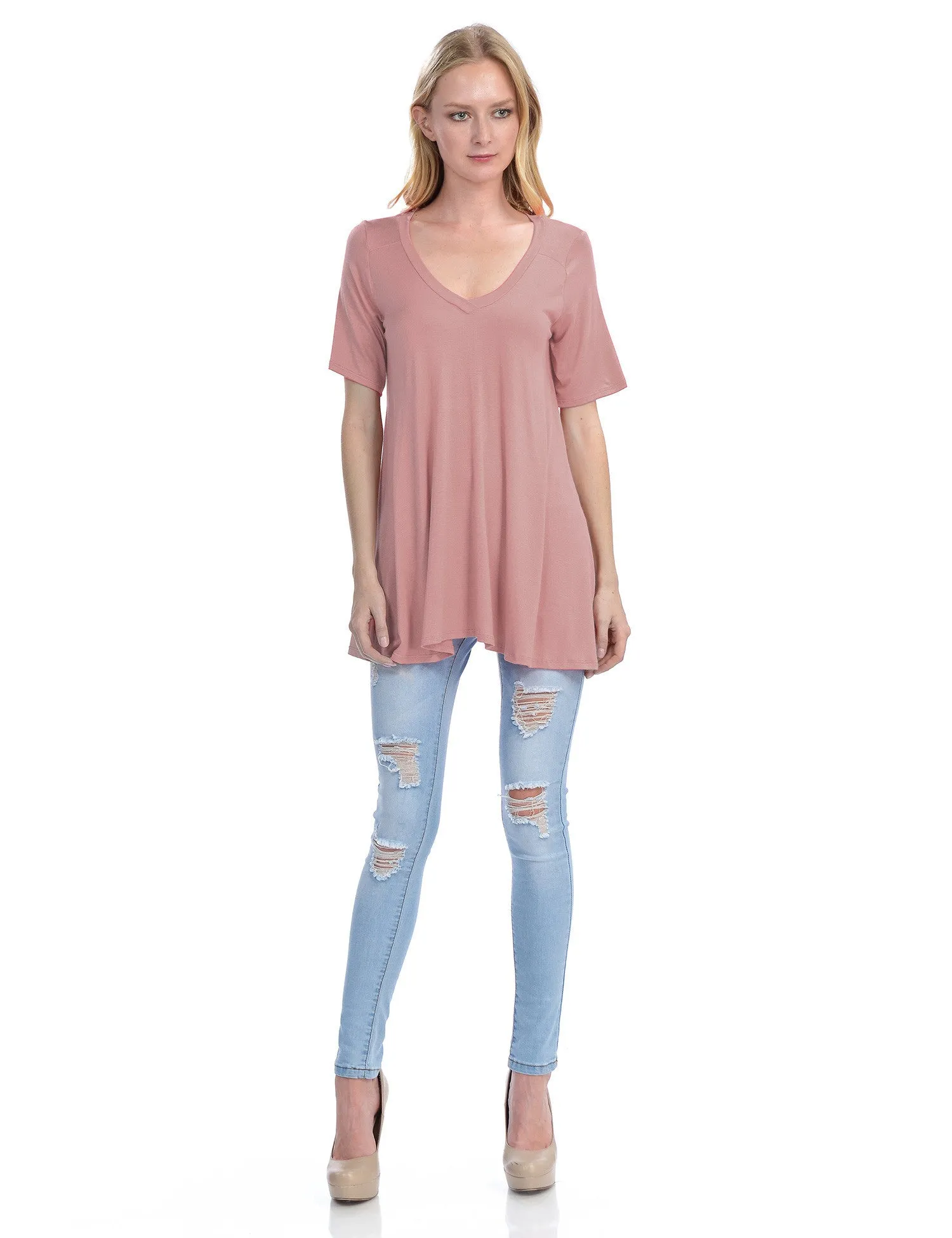 Short Sleeve V Neck Loose Fit Basic Knit Tunic Top