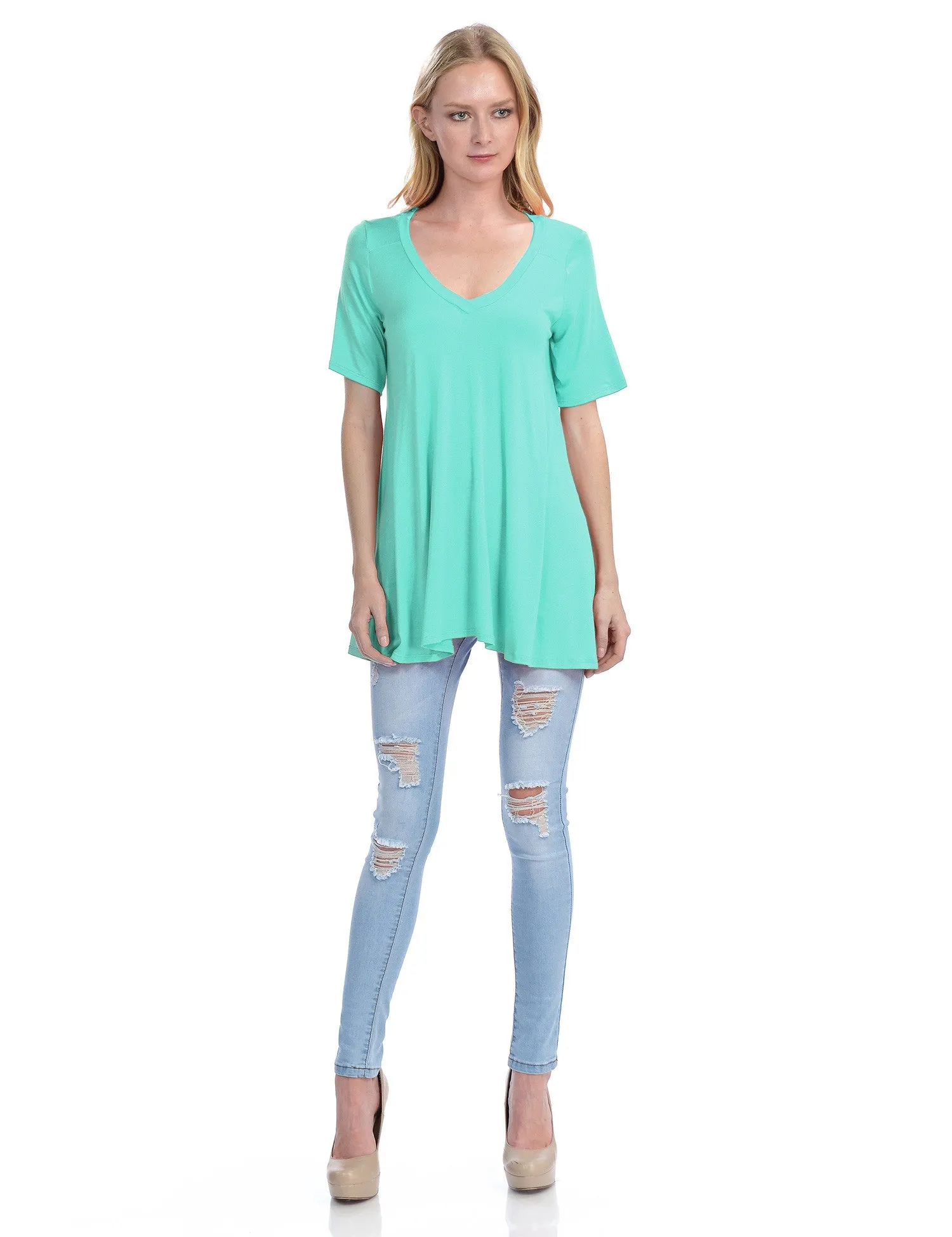 Short Sleeve V Neck Loose Fit Basic Knit Tunic Top