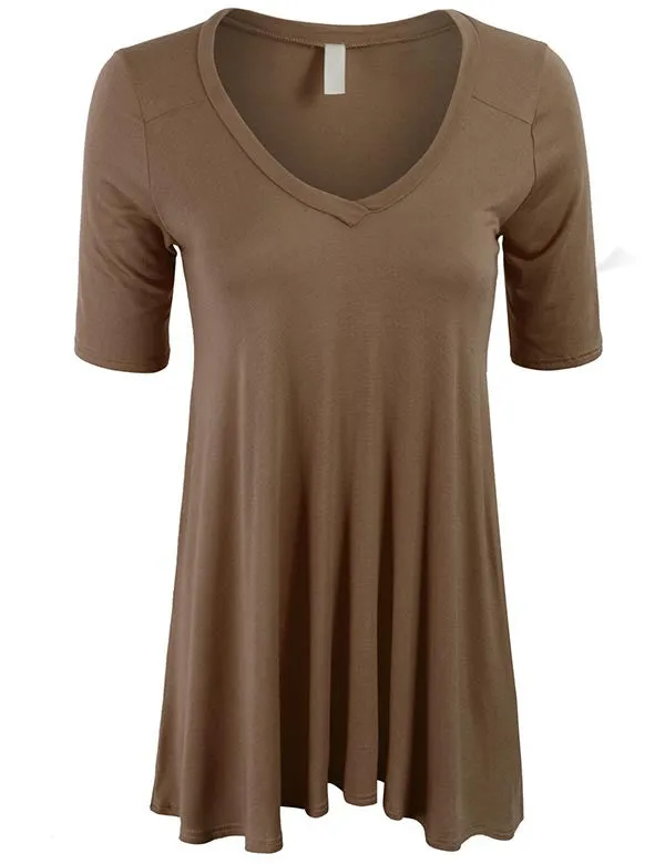 Short Sleeve V Neck Loose Fit Basic Knit Tunic Top