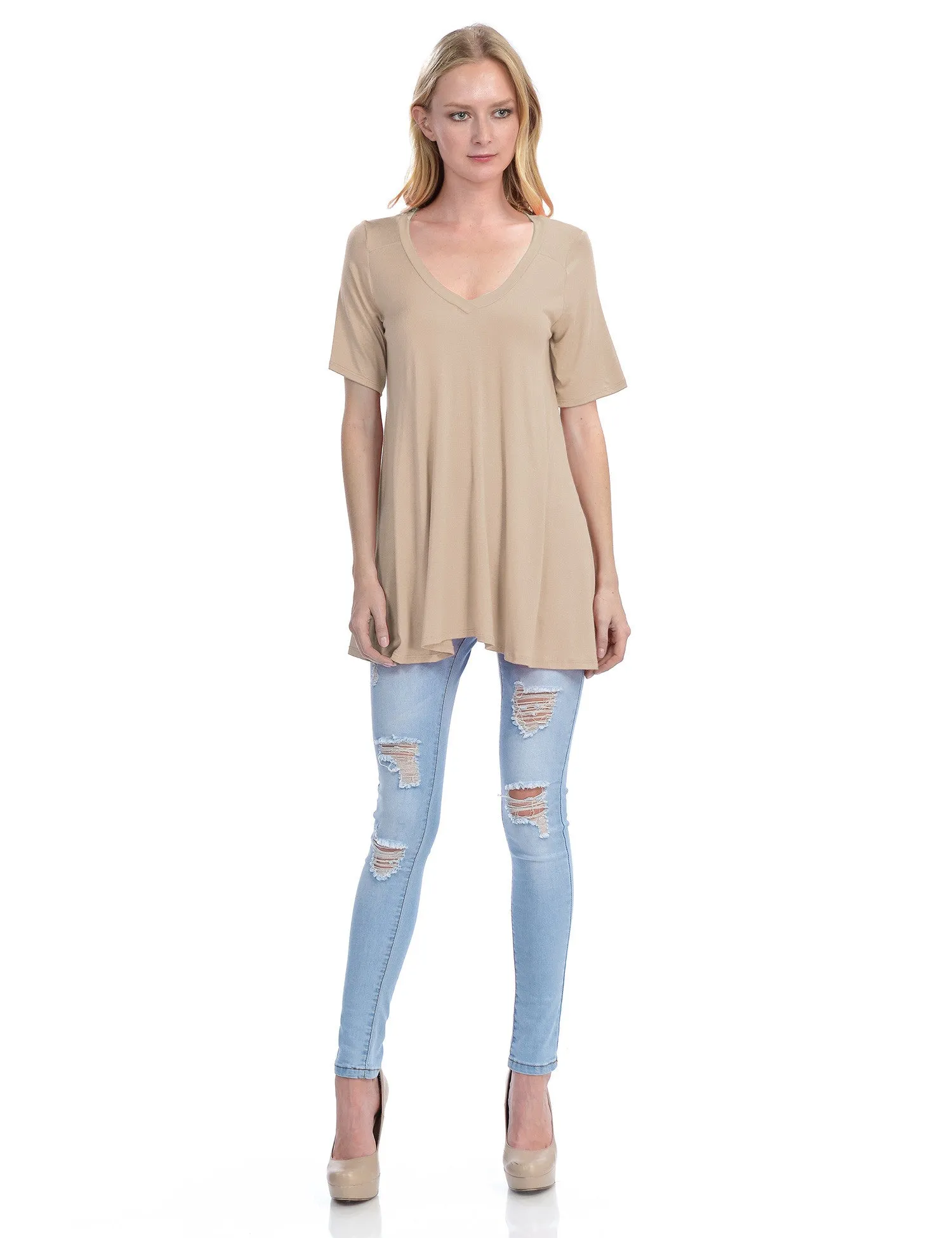 Short Sleeve V Neck Loose Fit Basic Knit Tunic Top