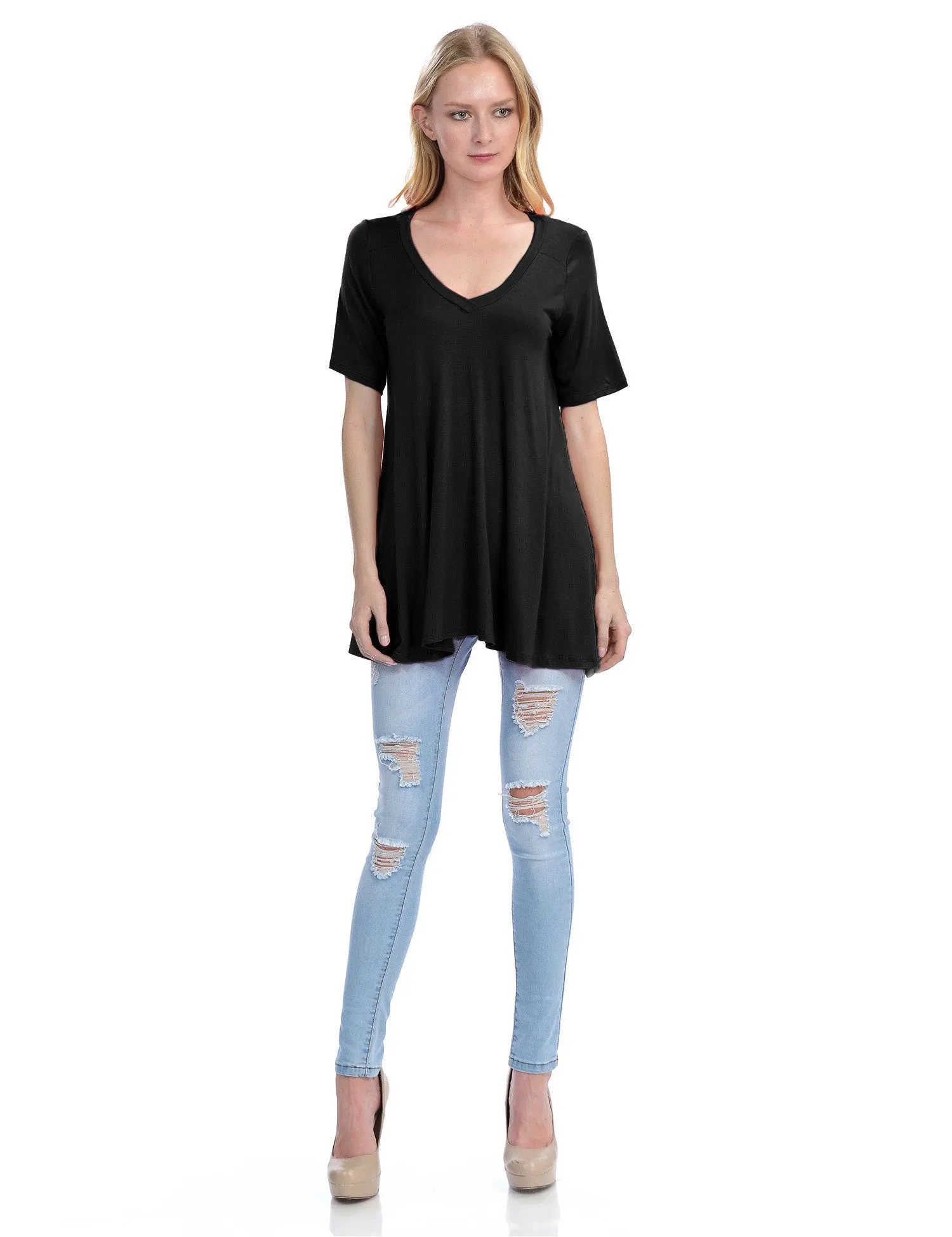 Short Sleeve V Neck Loose Fit Basic Knit Tunic Top