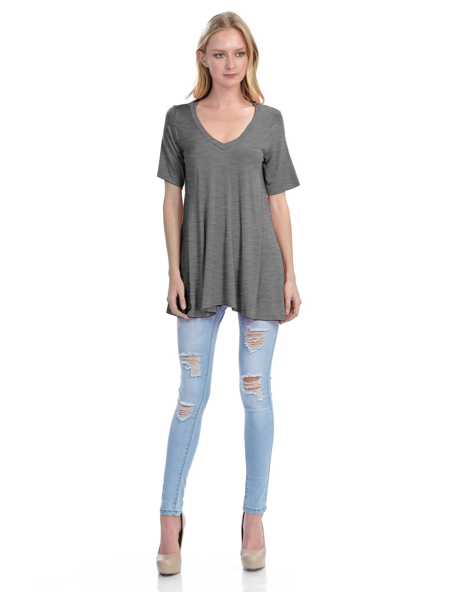 Short Sleeve V Neck Loose Fit Basic Knit Tunic Top