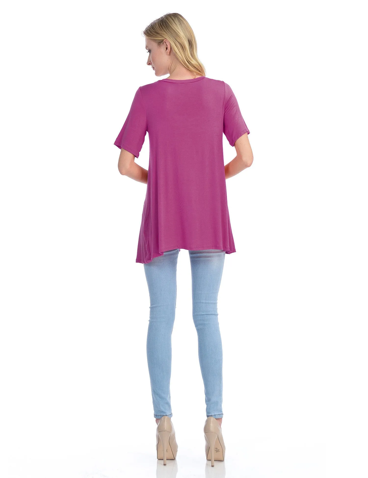 Short Sleeve V Neck Loose Fit Basic Knit Tunic Top