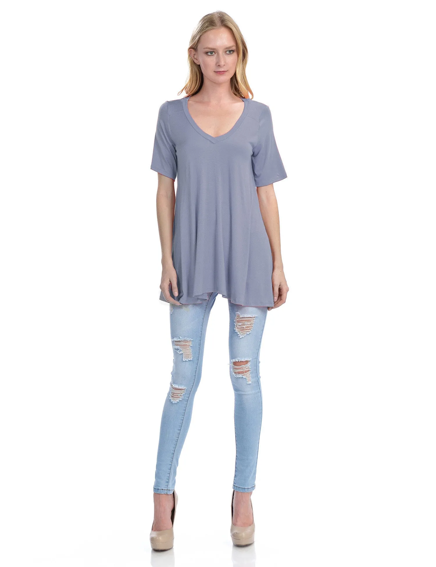 Short Sleeve V Neck Loose Fit Basic Knit Tunic Top