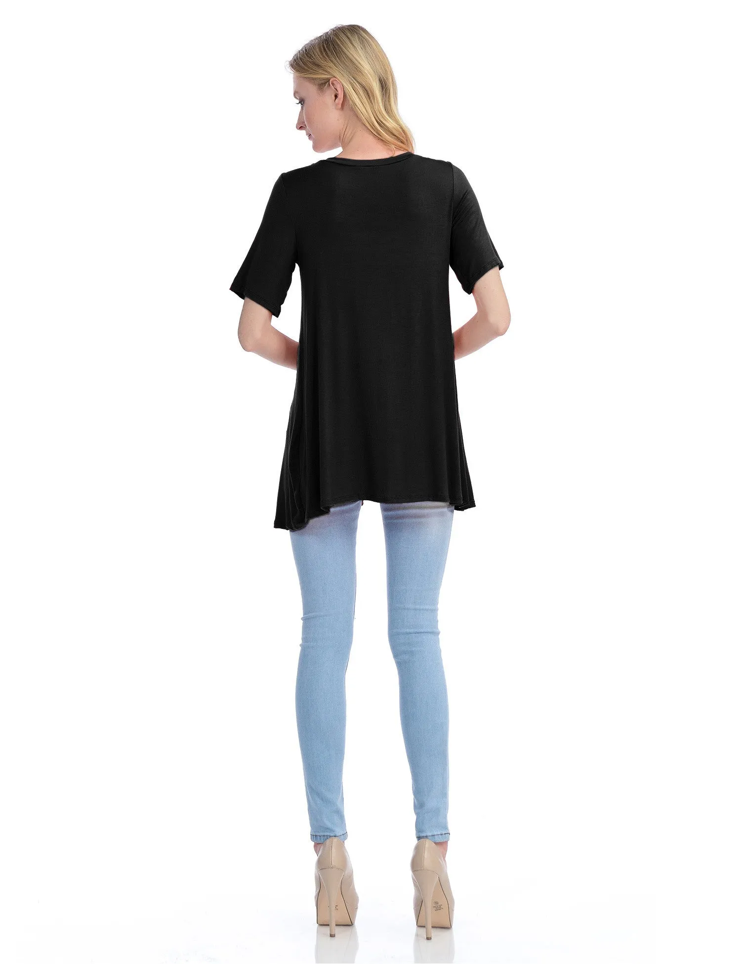 Short Sleeve V Neck Loose Fit Basic Knit Tunic Top