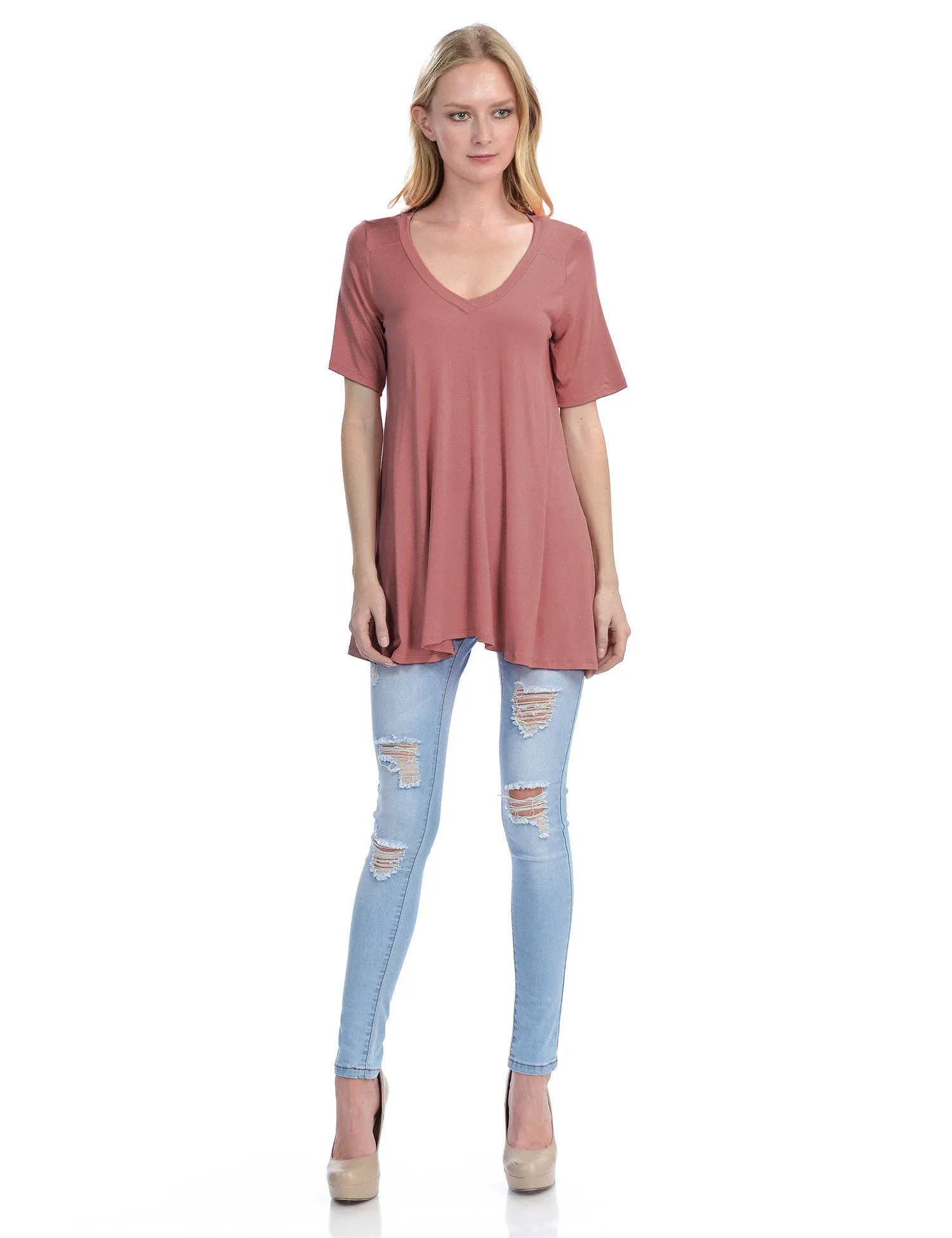 Short Sleeve V Neck Loose Fit Basic Knit Tunic Top