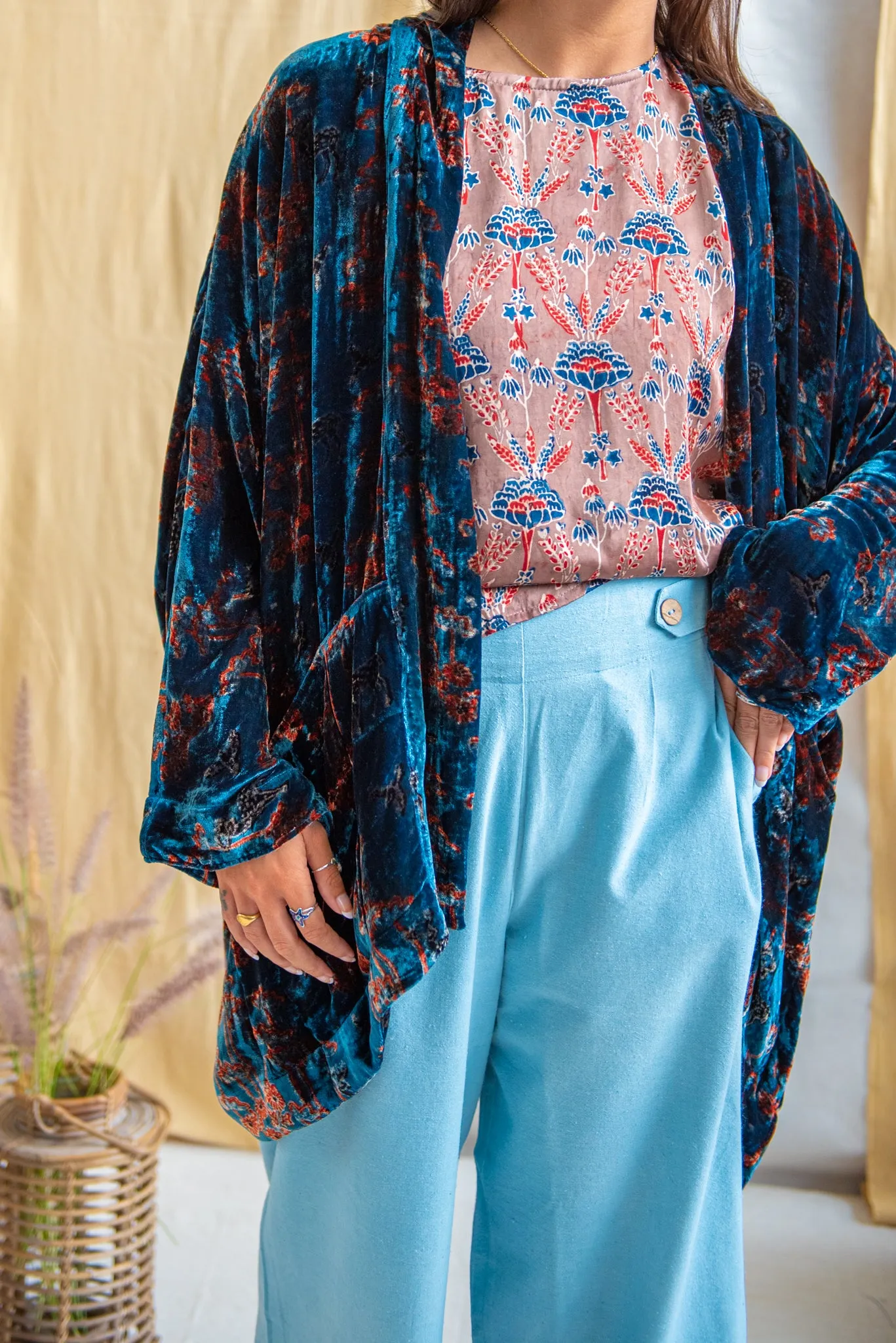 Silk Velvet Kimono Jacket - Indigo/Madder/Floral