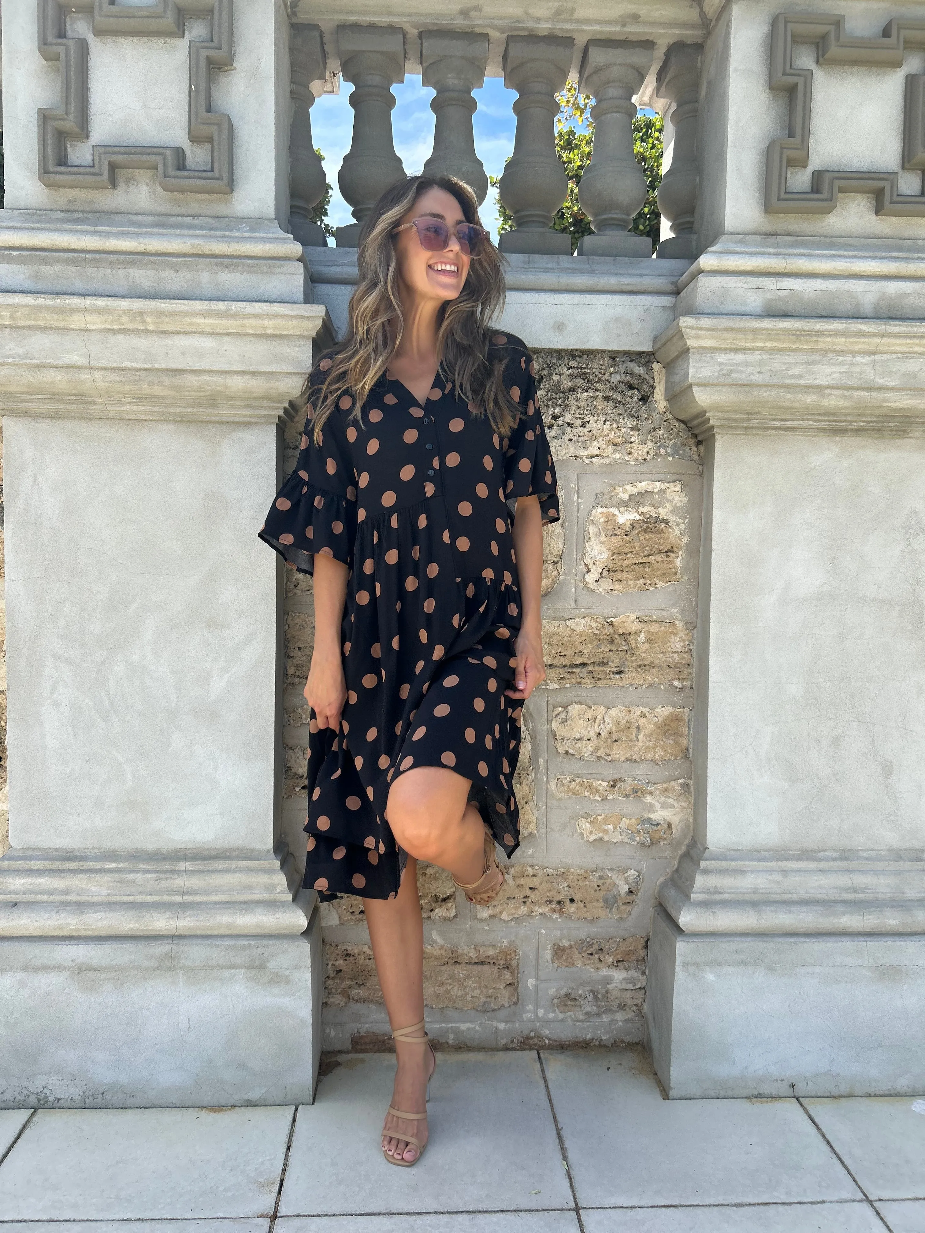 SIMMY Pocketed Tunic Dress - Black/Tan Polka