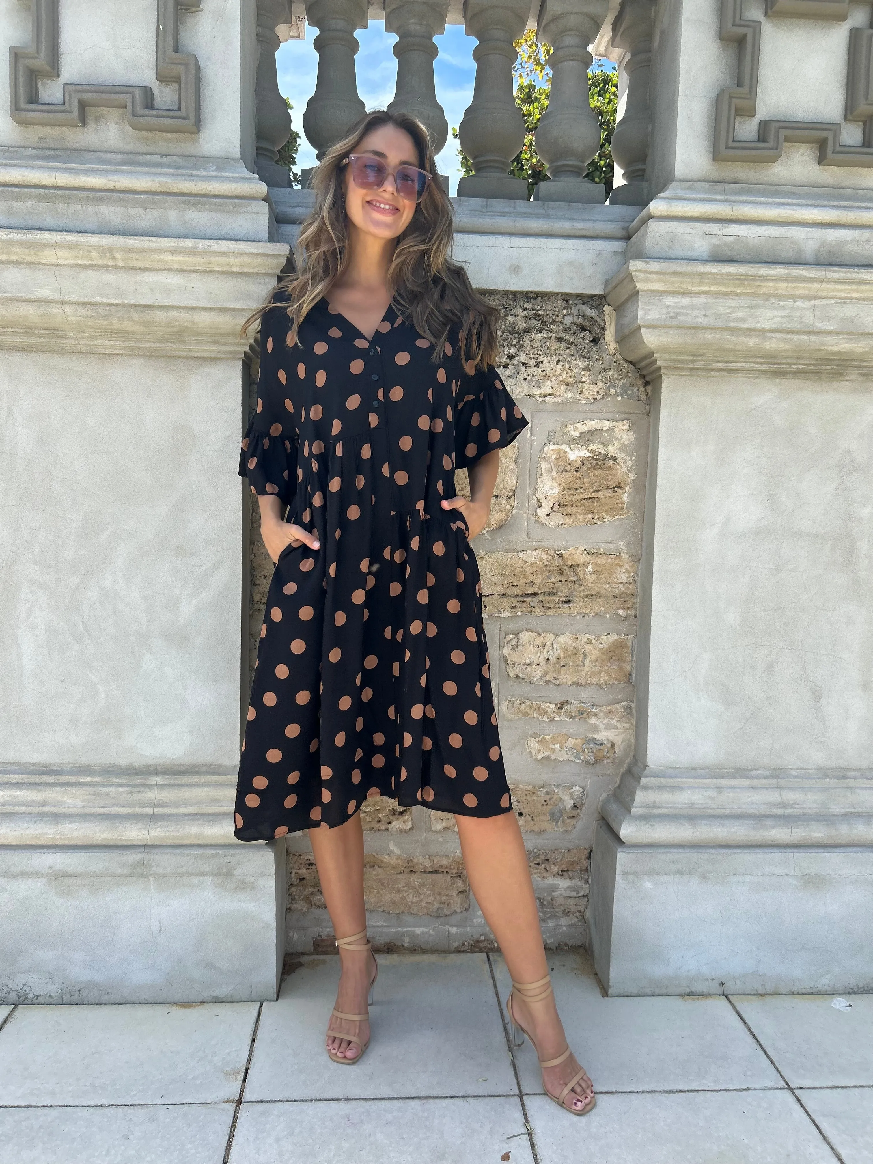 SIMMY Pocketed Tunic Dress - Black/Tan Polka