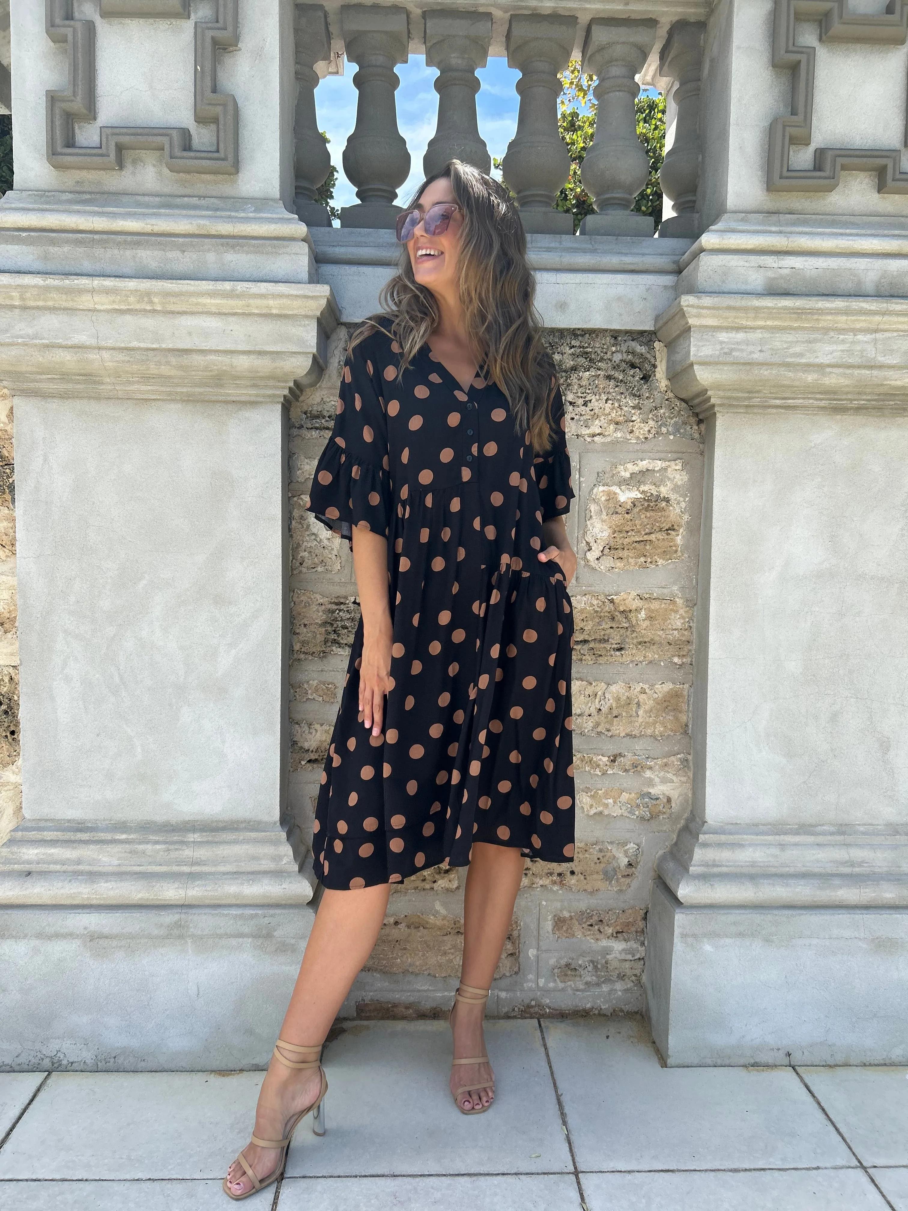 SIMMY Pocketed Tunic Dress - Black/Tan Polka