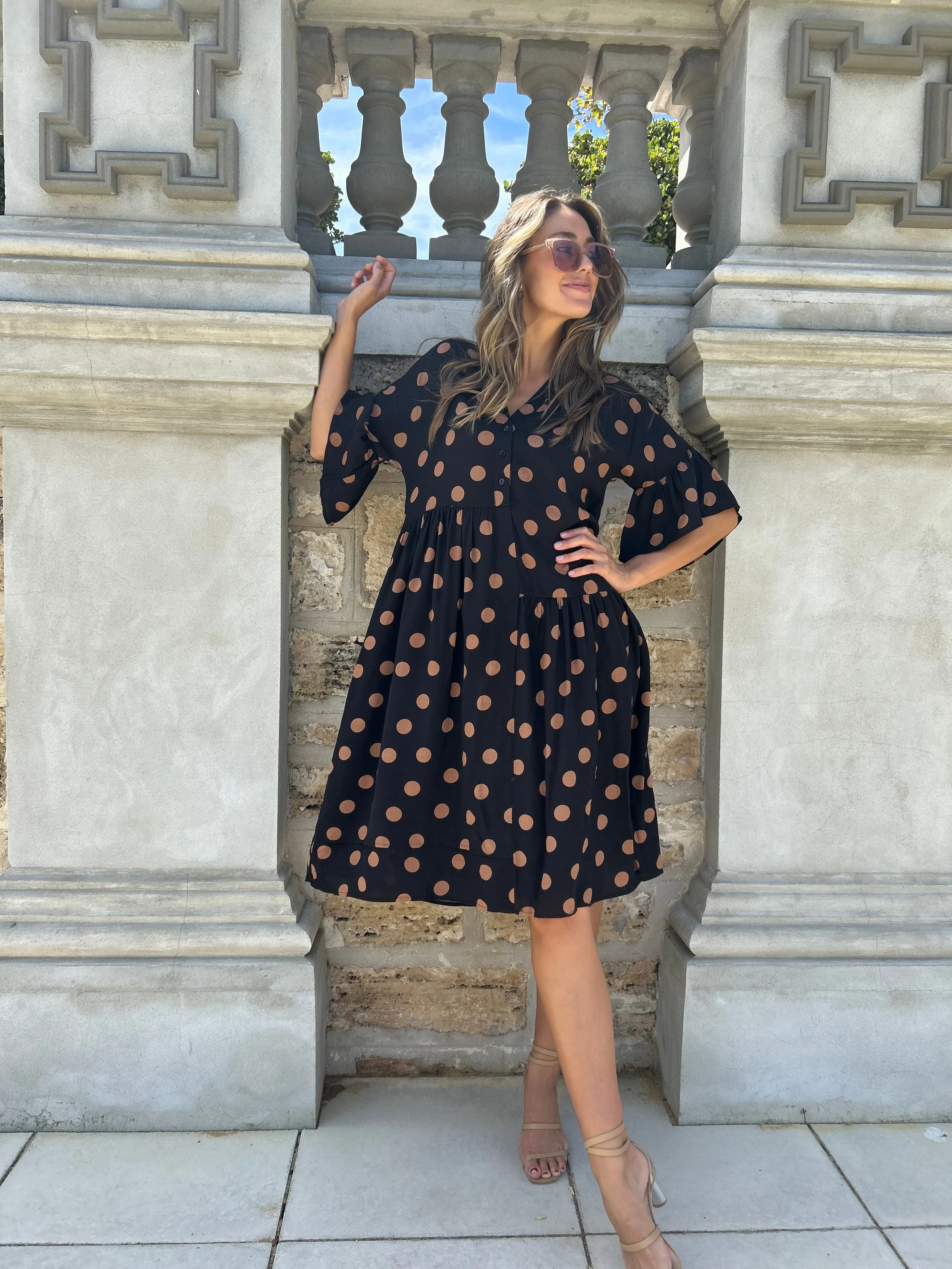 SIMMY Pocketed Tunic Dress - Black/Tan Polka