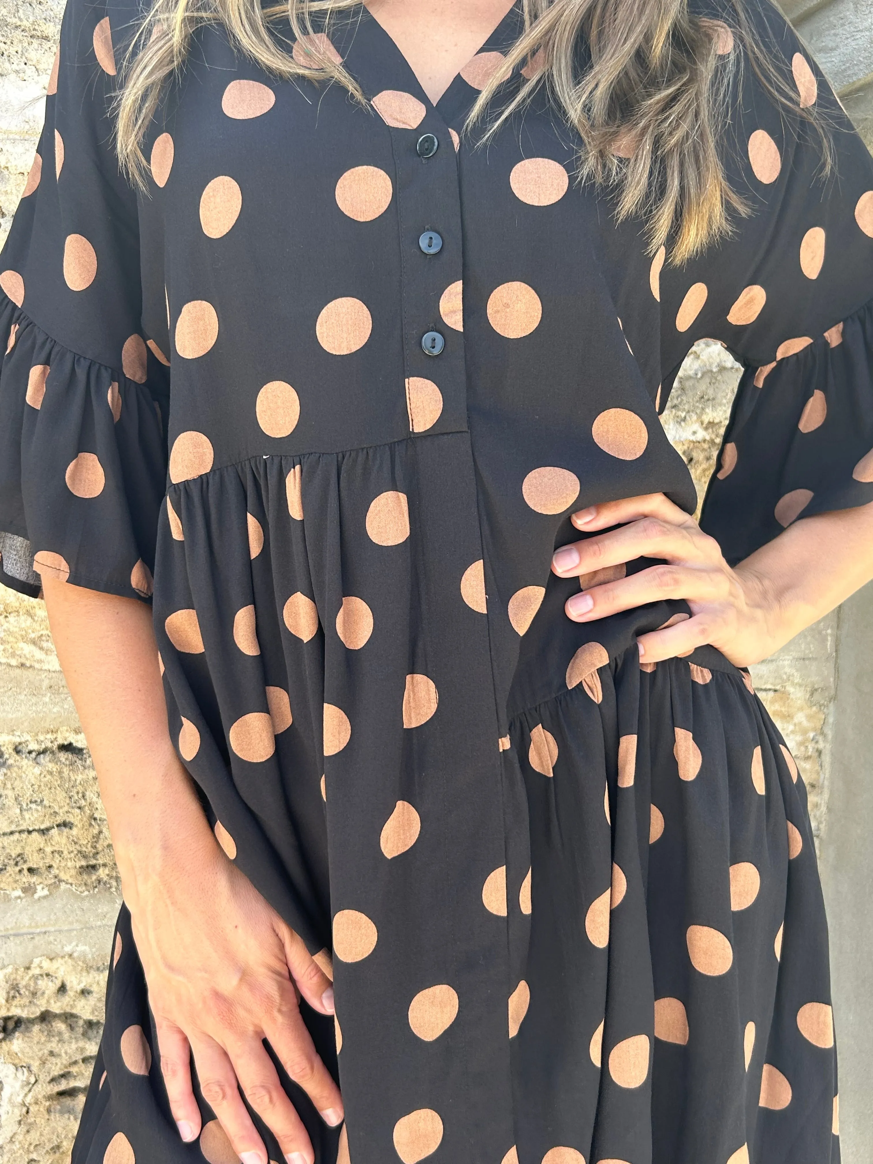 SIMMY Pocketed Tunic Dress - Black/Tan Polka