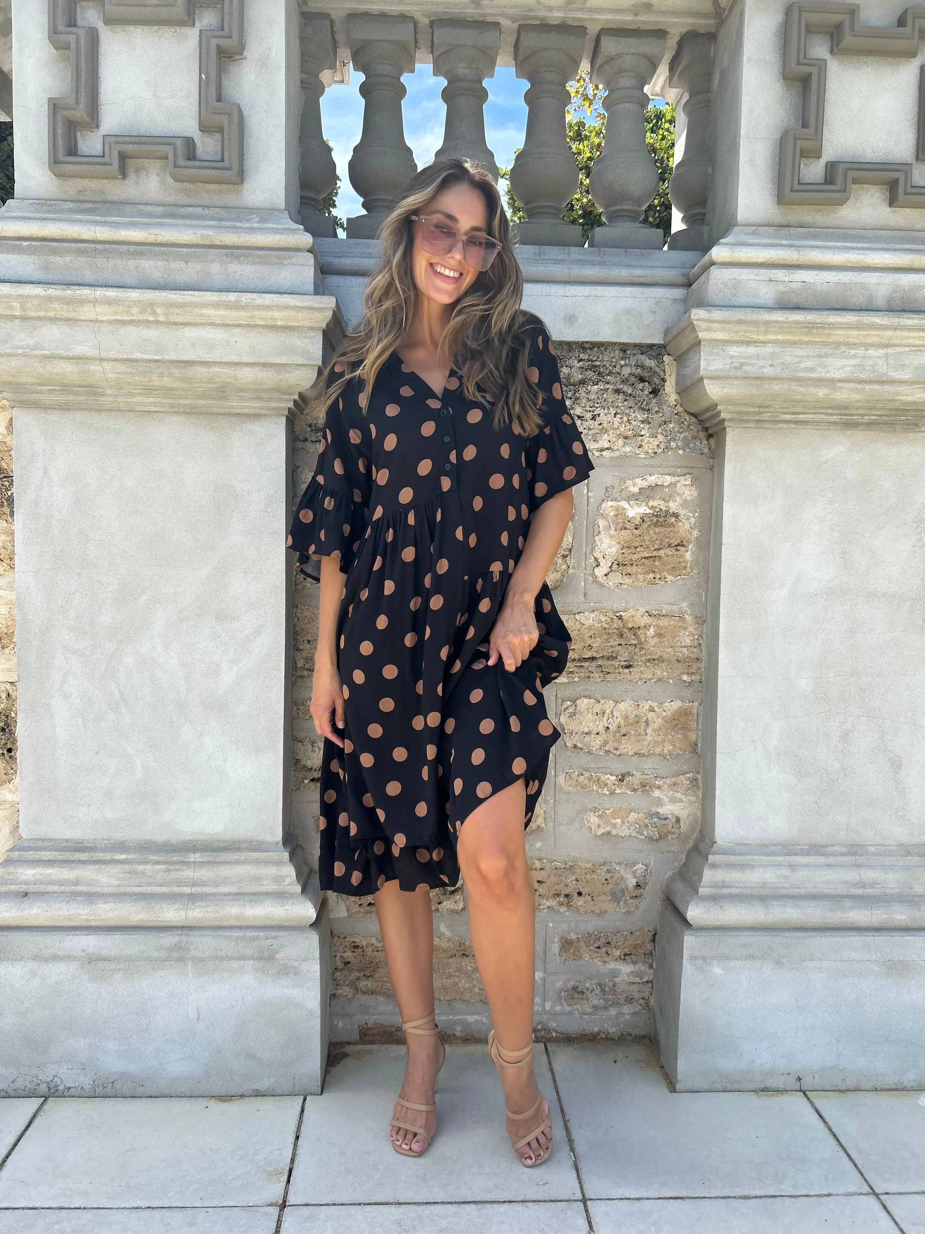 SIMMY Pocketed Tunic Dress - Black/Tan Polka