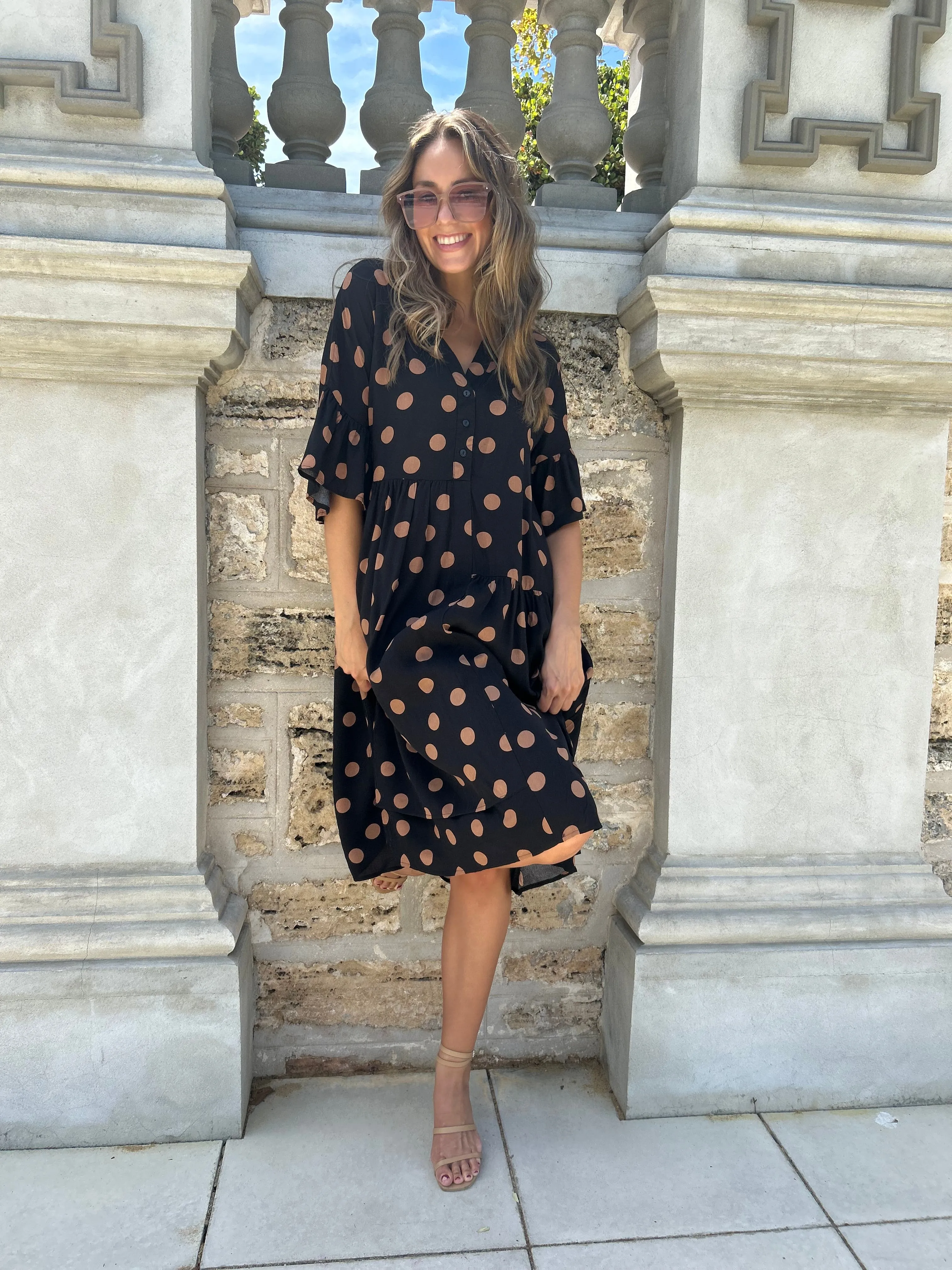 SIMMY Pocketed Tunic Dress - Black/Tan Polka