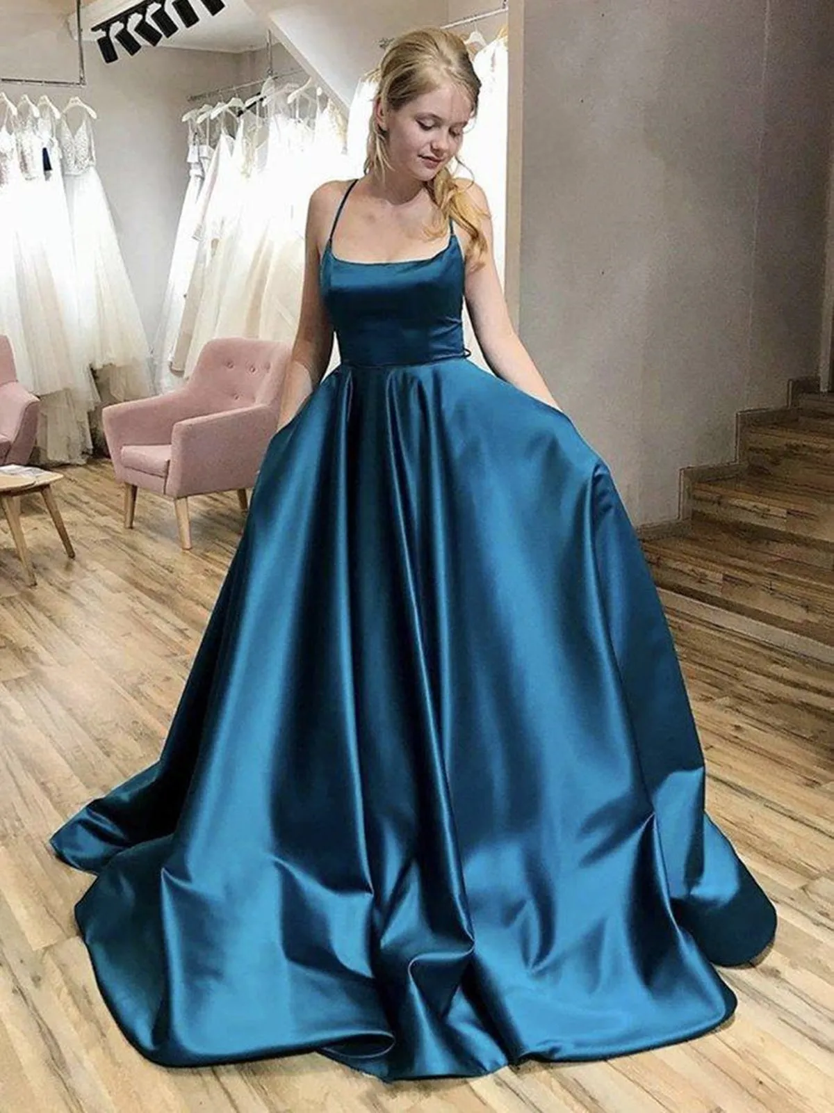 Simple Backless Blue Satin Long Prom with Pocket, Thin Strap Blue Formal Evening