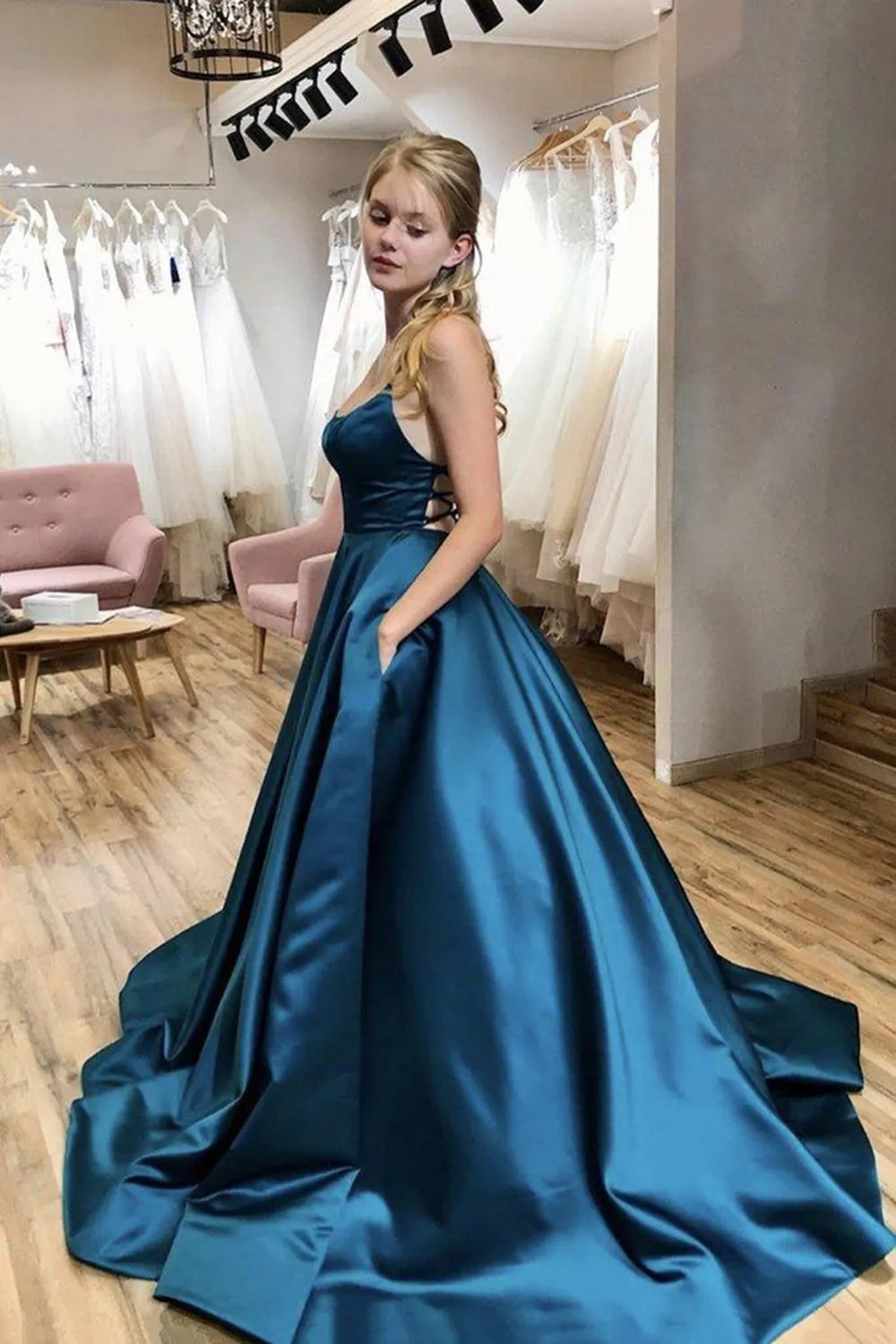 Simple Backless Blue Satin Long Prom with Pocket, Thin Strap Blue Formal Evening