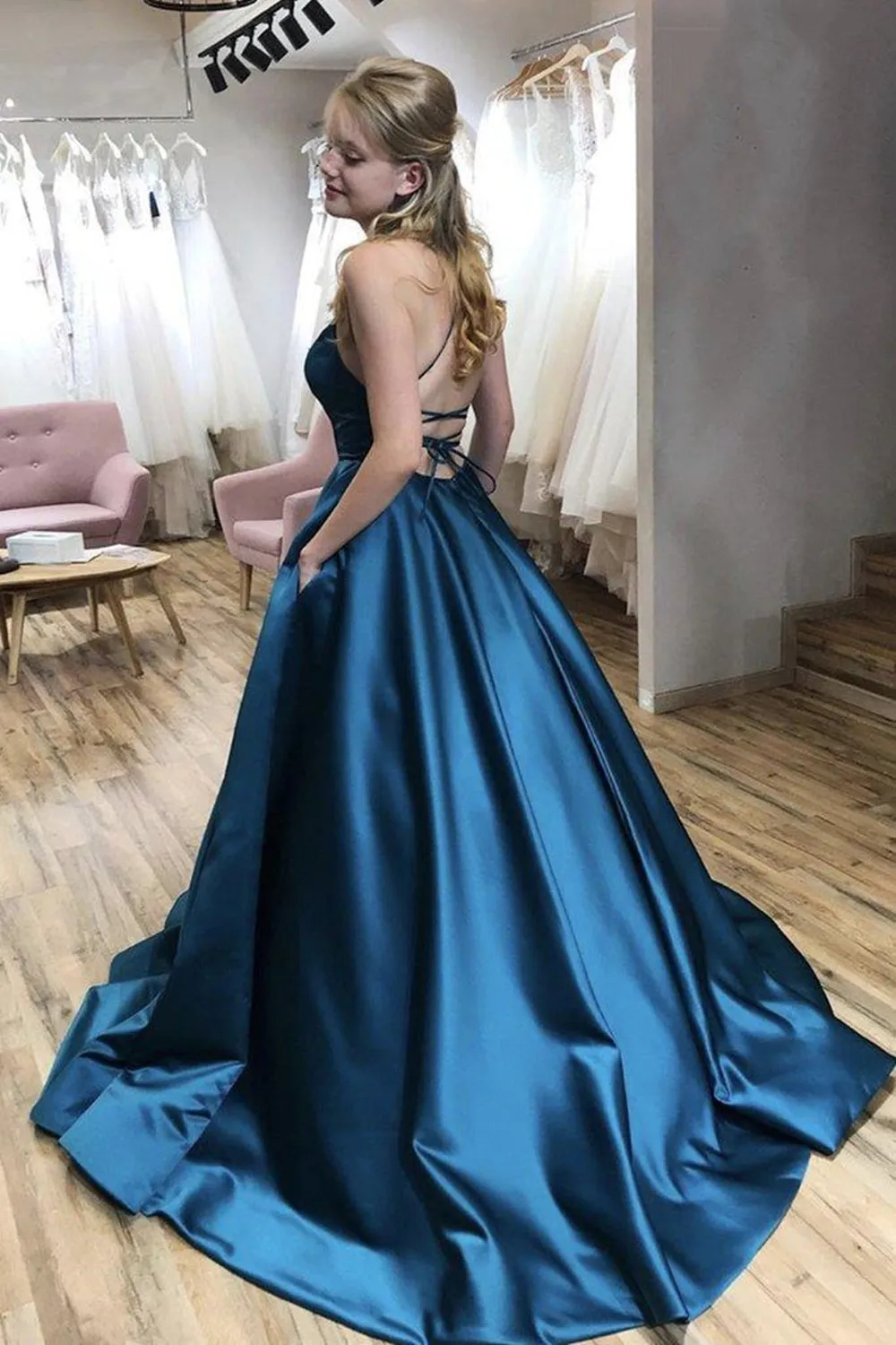 Simple Backless Blue Satin Long Prom with Pocket, Thin Strap Blue Formal Evening