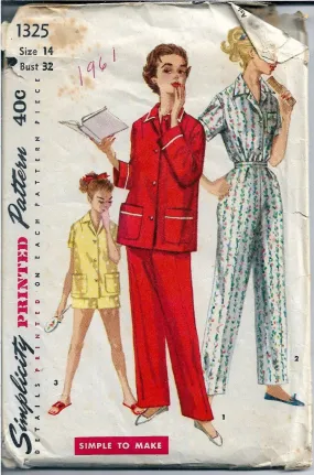 Simplicity 1325 Ladies Pajamas Shortie Two Piece Vintage Sewing Pattern 1950s