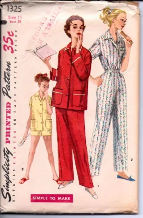 Simplicity 1325 Vintage 1950's Sewing Pattern Ladies Junior Pajamas Shortie Sleepwear