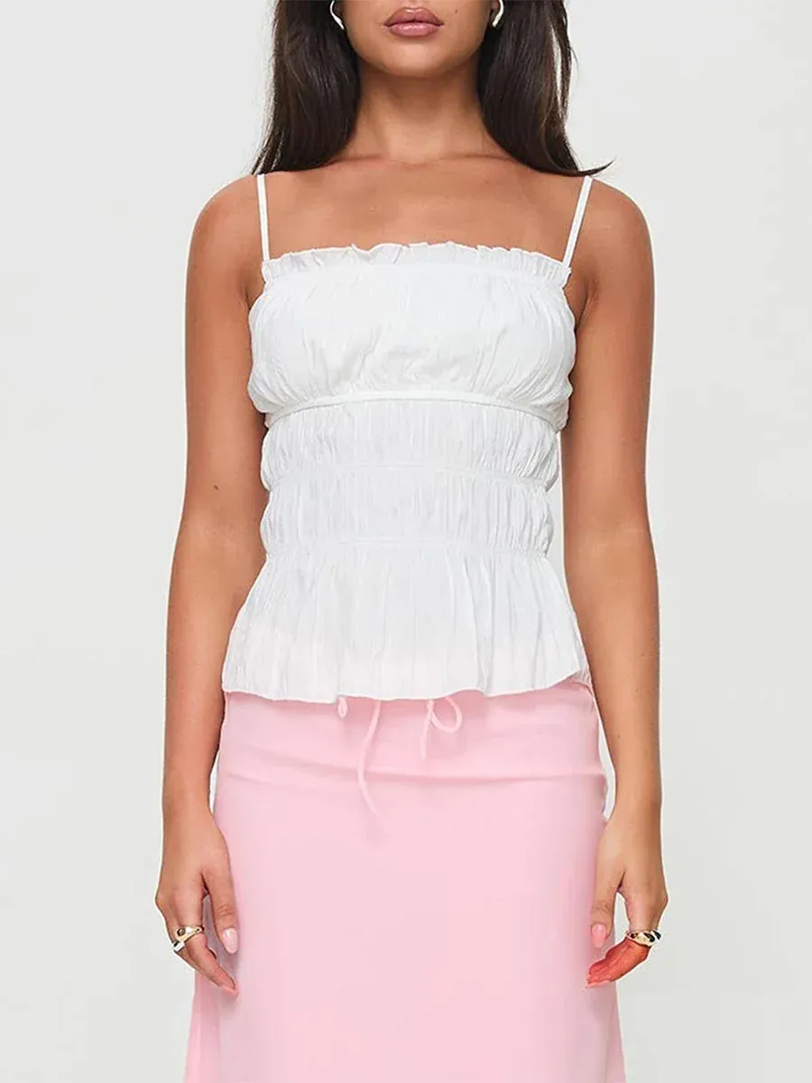 Sleeveless Spaghetti Strap Frill Camisole Summer Tank Crop Ruched Top