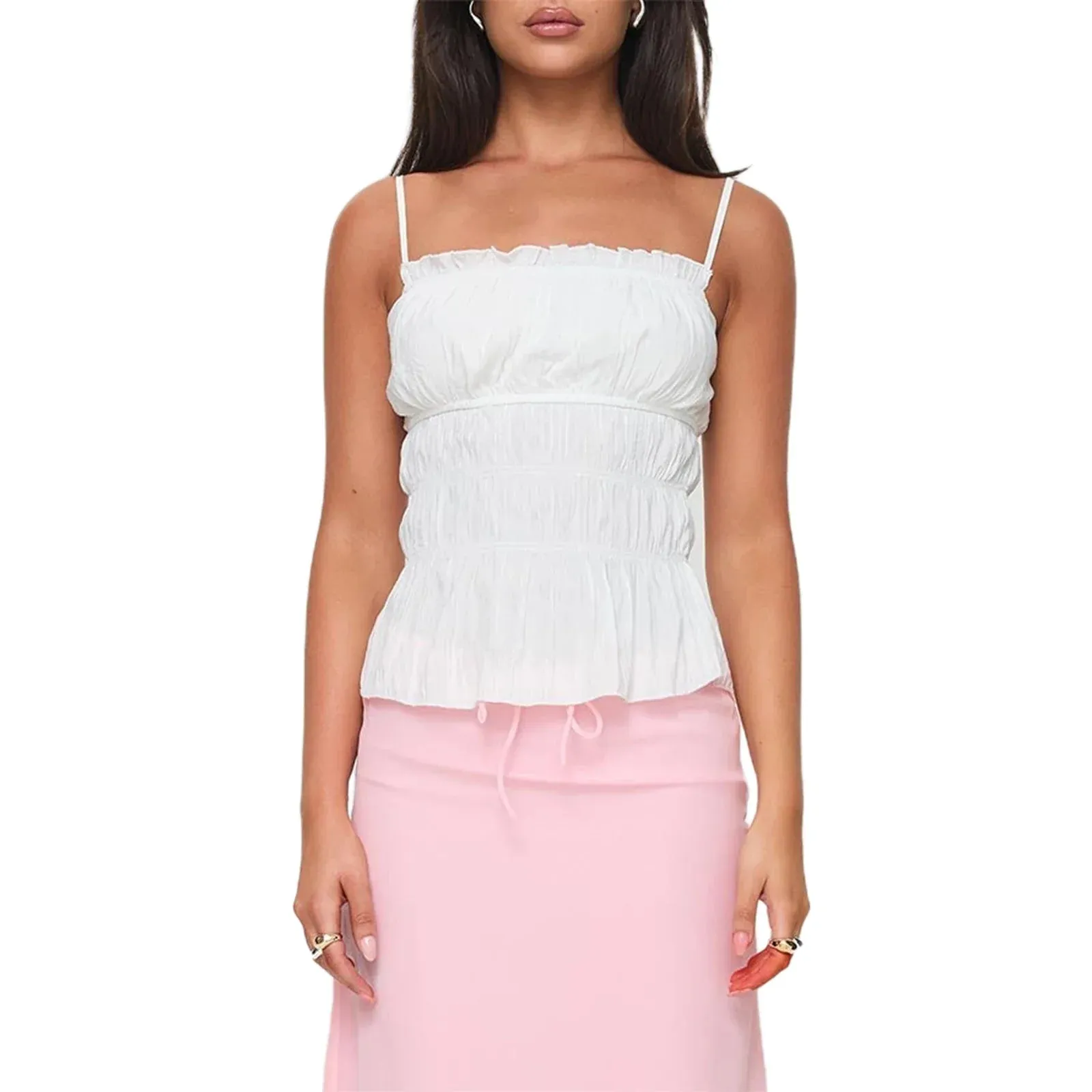 Sleeveless Spaghetti Strap Frill Camisole Summer Tank Crop Ruched Top