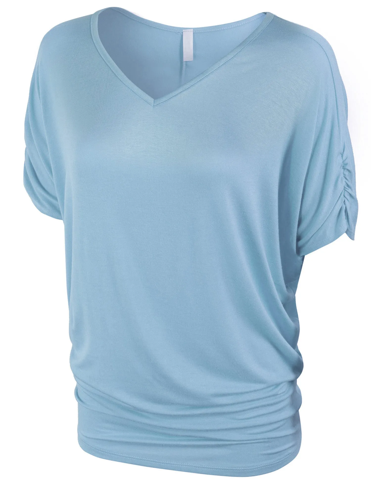 Solid Basic Boatneck Dolman Top with Sleeve Shirring V Neck